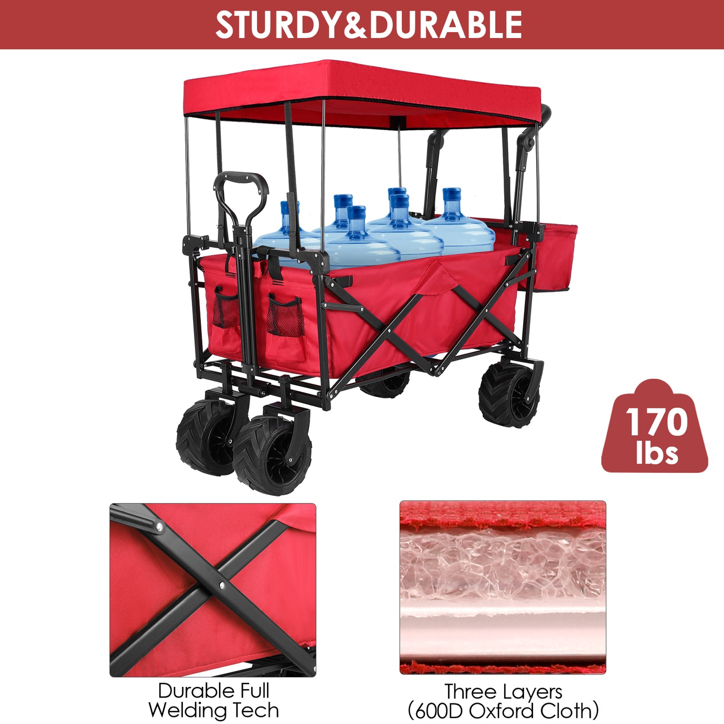 Arlopu Collapsible Wagon Folding Garden Cart W/ Canopy and Adjustable Handles