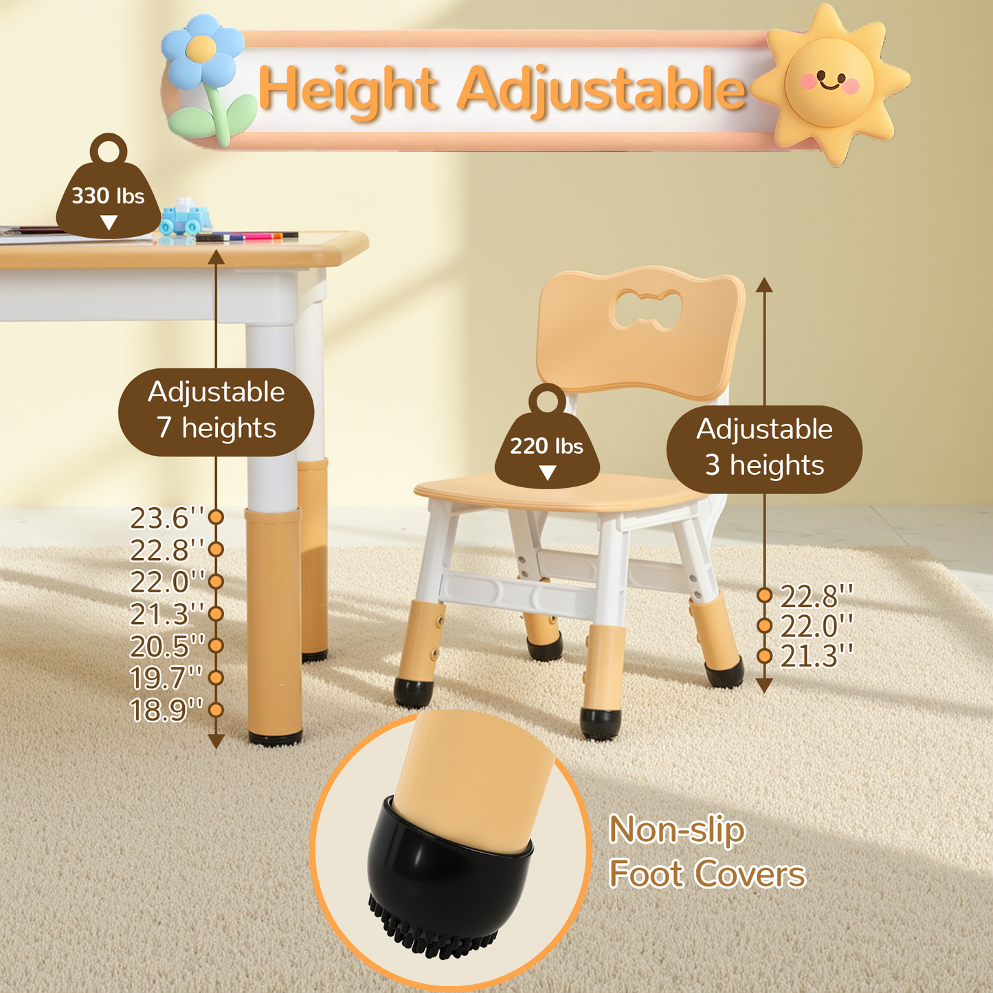 Arlopu Kids Table and 2 Chairs Set, Height-Adjustable Toddler Table and Chairs Set with Graffiti Desktop, 31.5"L x 23.6"W Children Activity Table for Daycare/Classroom/Home