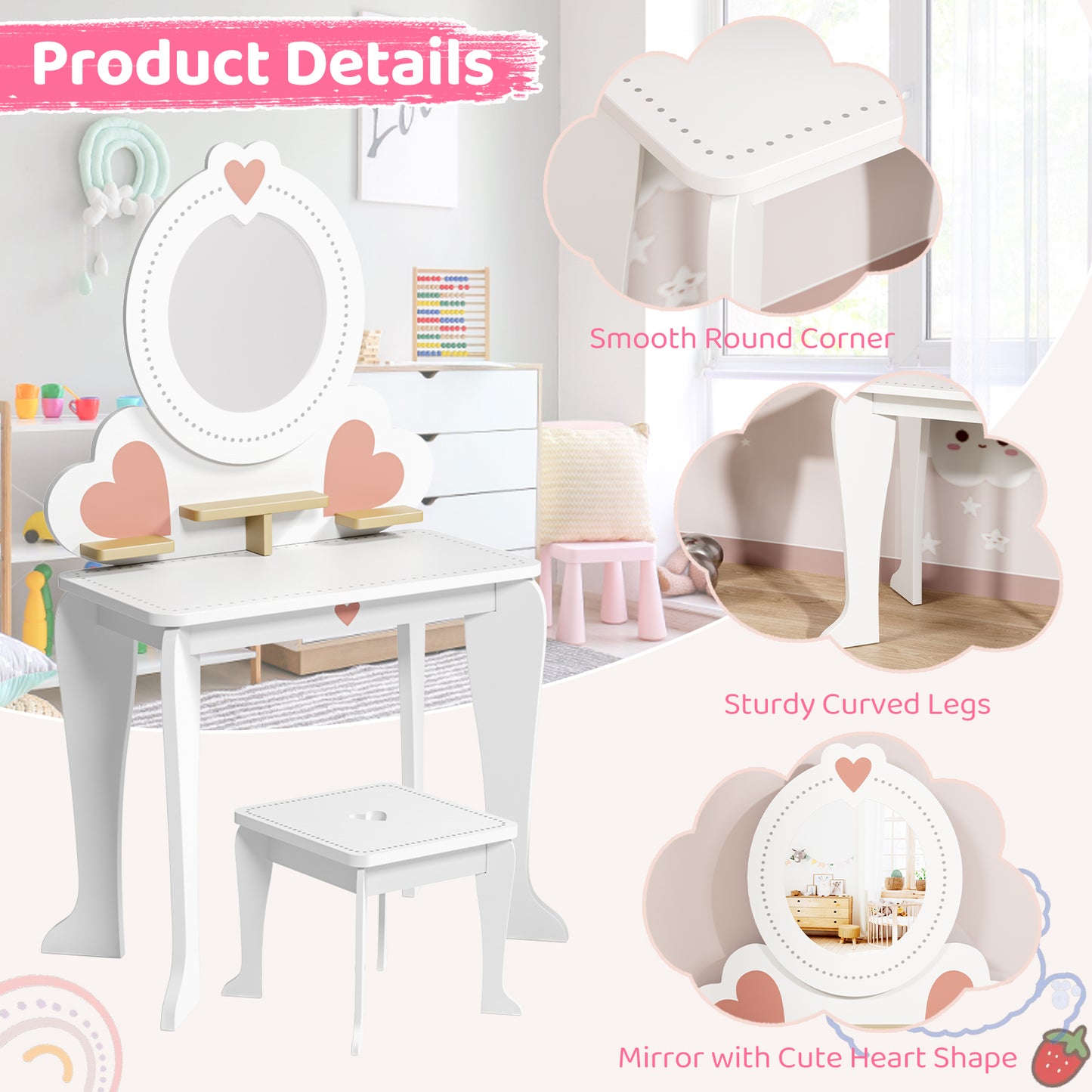 Arlopu 2-in-1 Kids Vanity Table and Chair Set with Mirror, Toddler Vanity Table Set with 8pcs Pretend Play Accessories, Convertible Makeup Desk Toy for Little Girls 3+