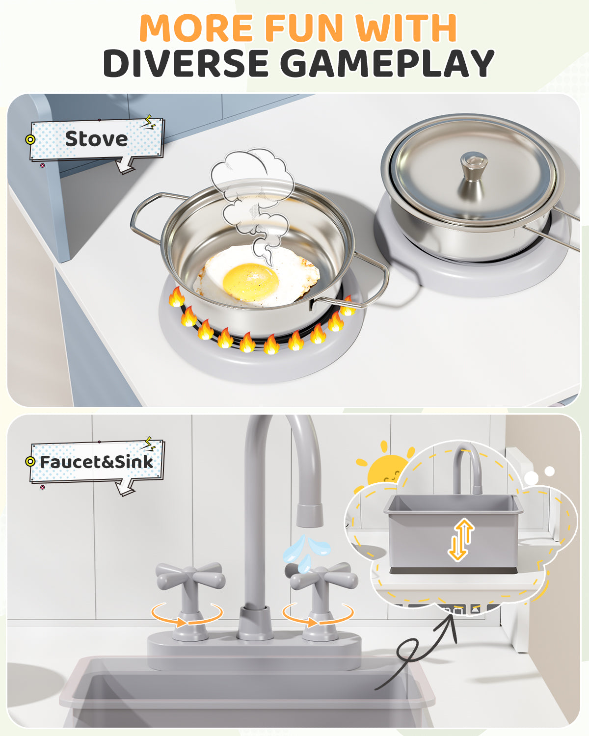 Arlopu Kids Pretend Play Kitchen Set, Wooden Kitchen Playset with Cookwares for Boys & Girls