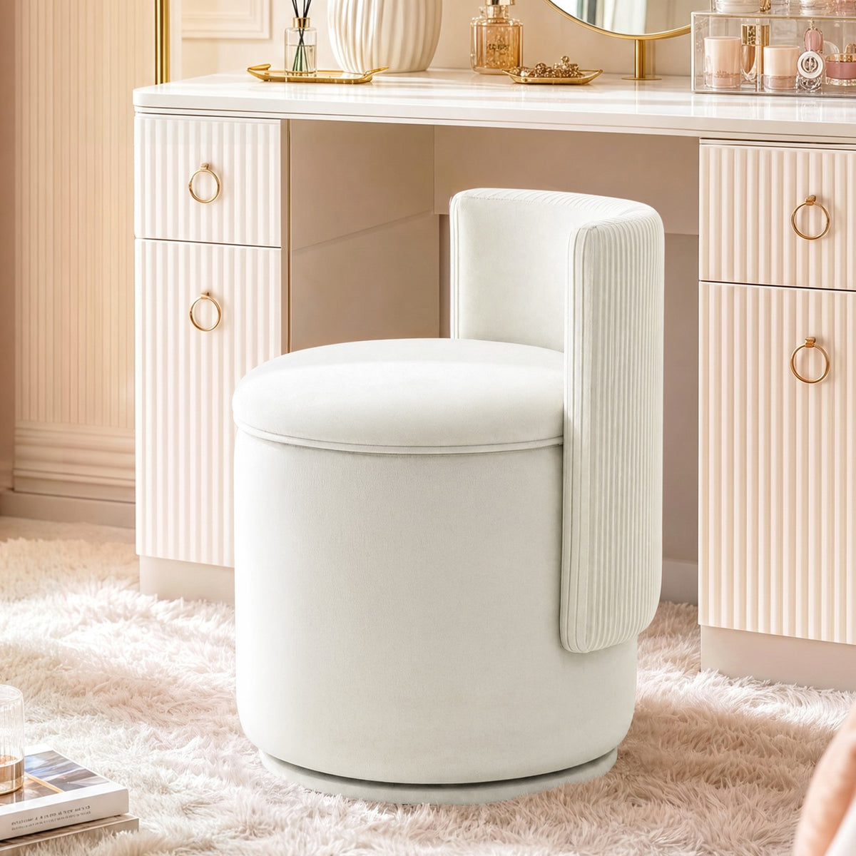 Arlopu 360° Swivel Vanity Chair, Velvet Swivel Makeup Chair with Storage, Modern Round Upholstered Bedroom Chair, Comfy Makeup Chair for Dressing, Living Room