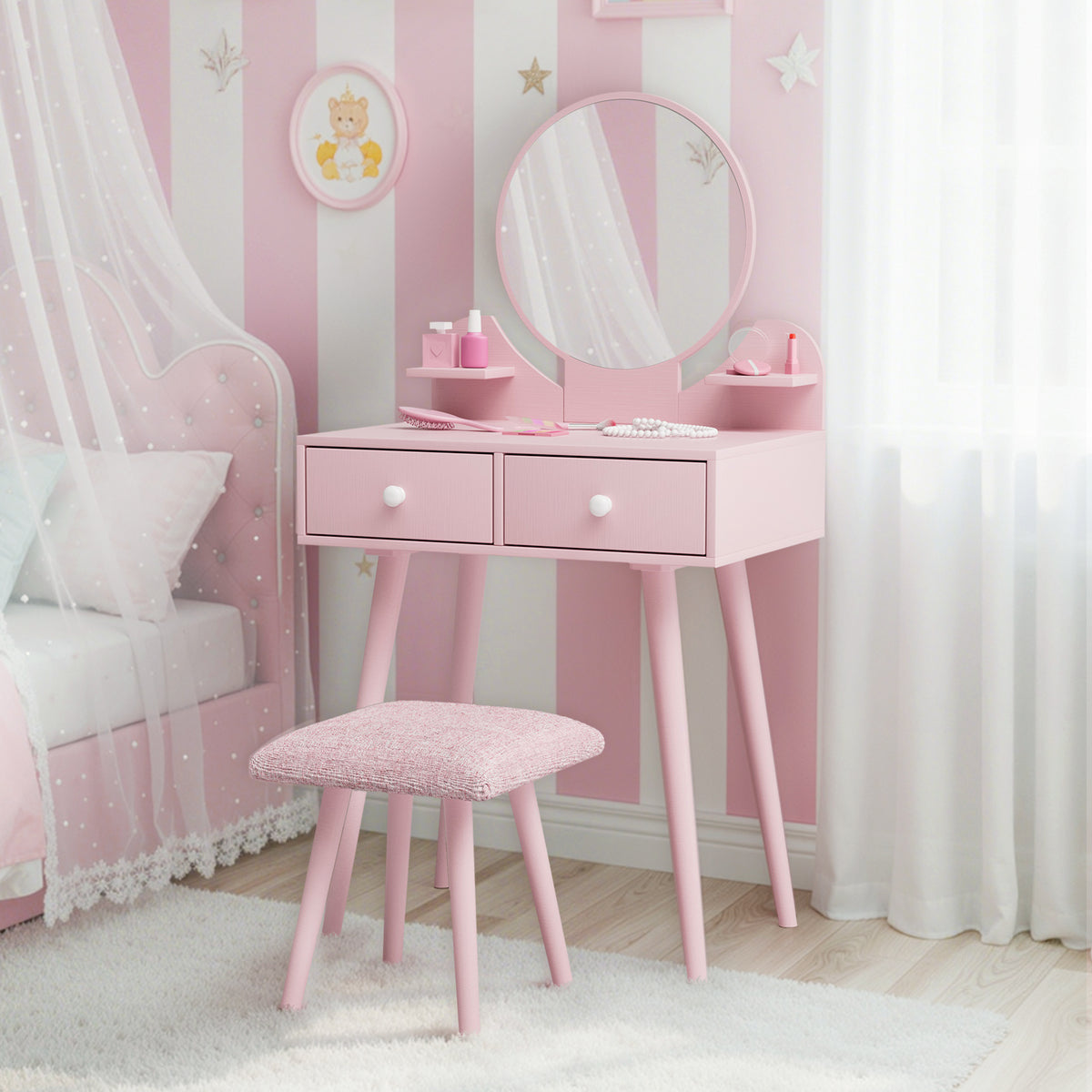 Arlopu Kids Vanity Table & Stool Set, 2-in-1 Princess Vanity Set with Mirror, Wooden Toddler Pretend Play Dressing Table with Detachable Top, Ideal Gift for Girls