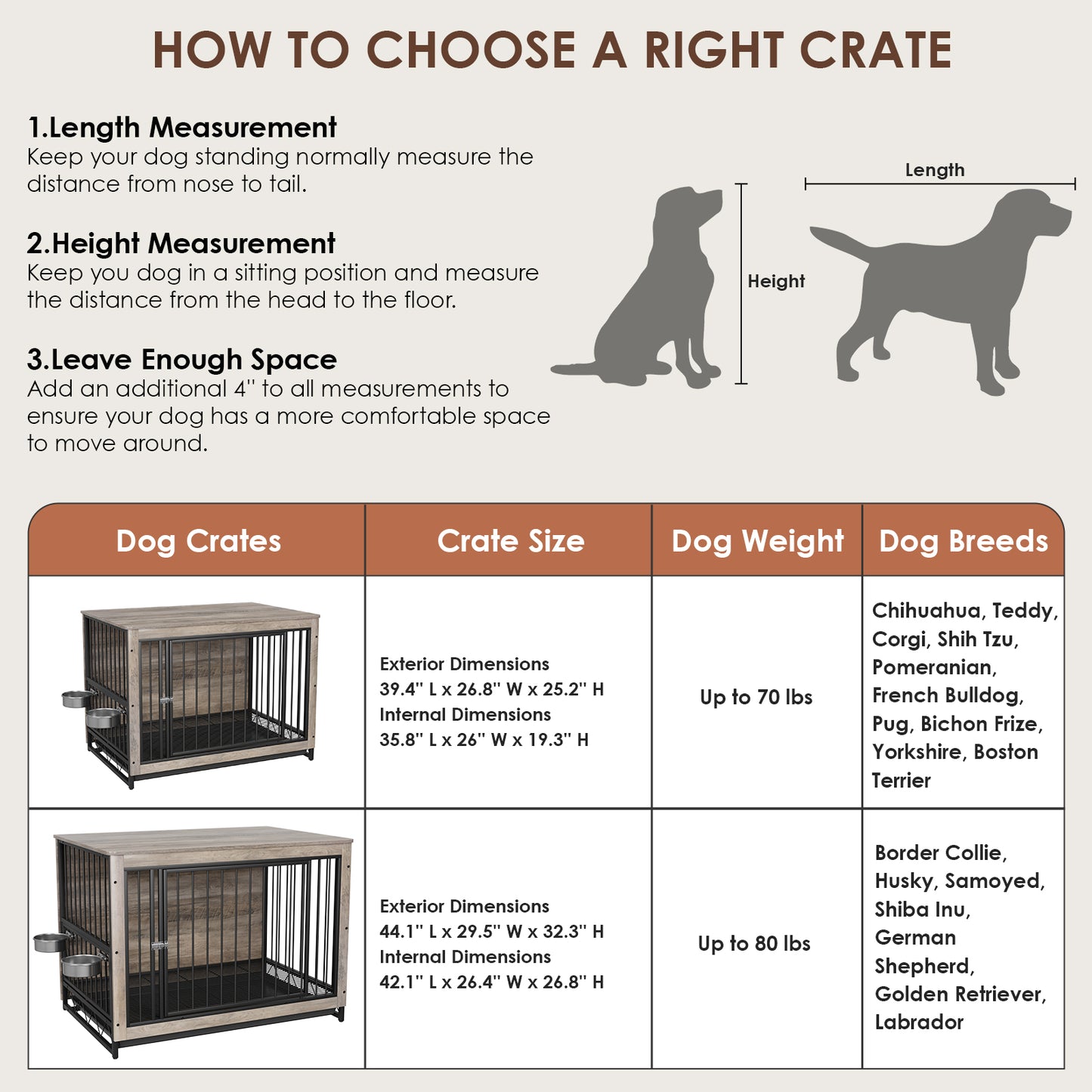 Arlopu Furniture Style Dog Crate with 2 Stainless Steel Bowls Wooden End Table Dog Cage Indoor Dog Kennel with Pull-Out Tray for Small Medium Dogs Under 70 lbs