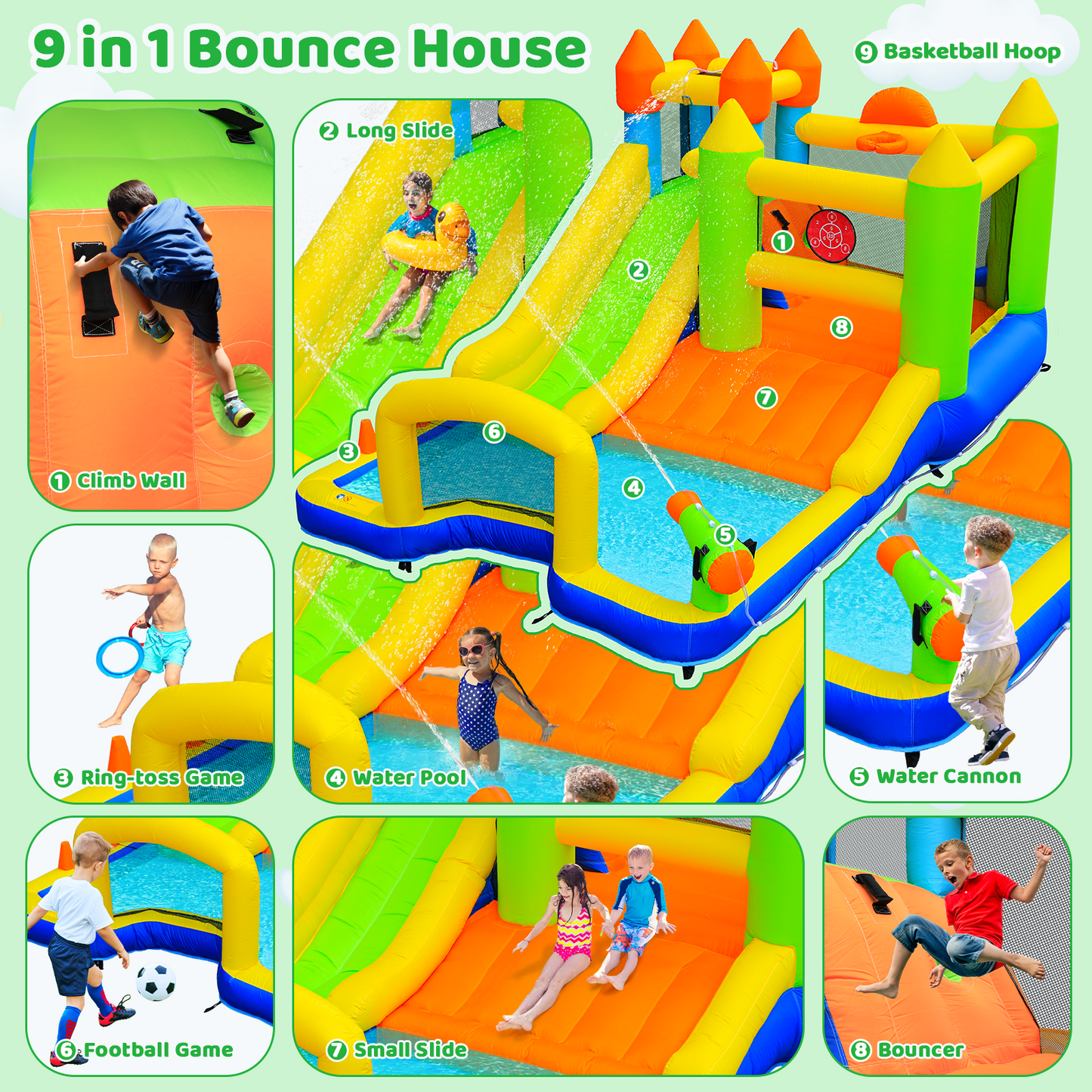 Arlopu Inflatable Bounce Houses for Kids with Splash Pool & Water Blaster & Basketball & Climbing Wall & Dual Pools & Soccer Goal & Air Blower