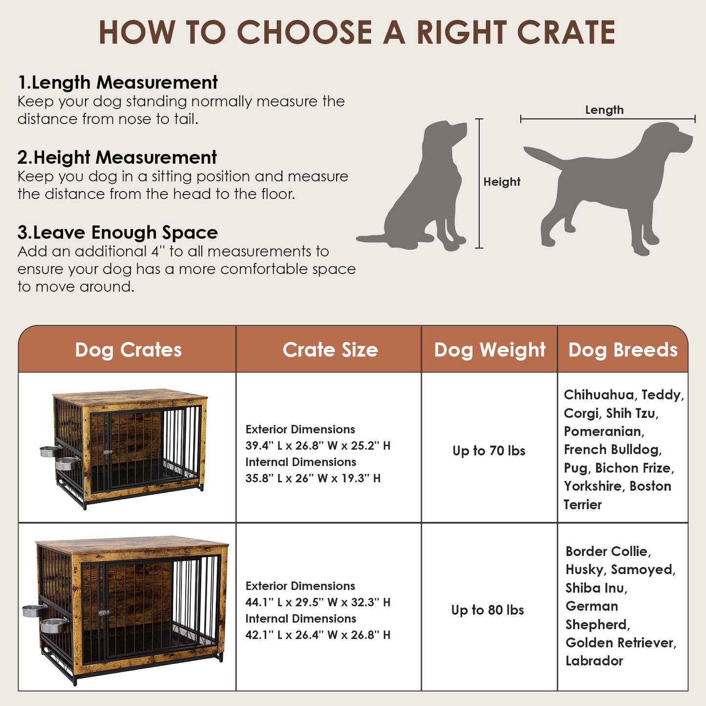 Arlopu Dog Crate Furniture, Modern Wooden End Table Indoor Kennel for Dogs up to 70 lbs, Heavy Duty Dog Cage House with Removable Tray, 2 Stainless Steel Bowls