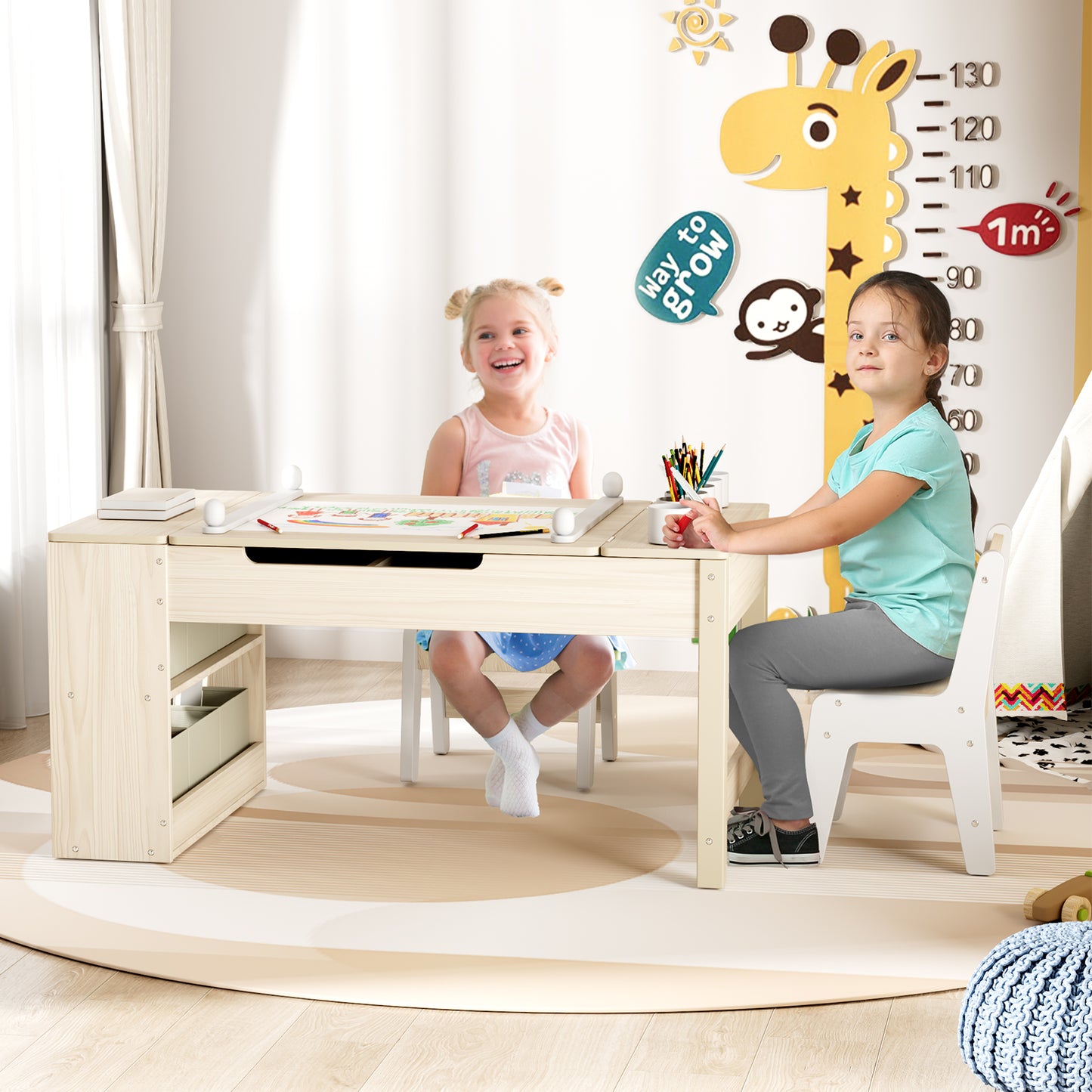 Arlopu 3 in 1 Activity Craft Table Set Kids Wooden Drawing Table Set with Art Easel Adjustable Tilt, 6 Storage Bins, 6 Paint Cup