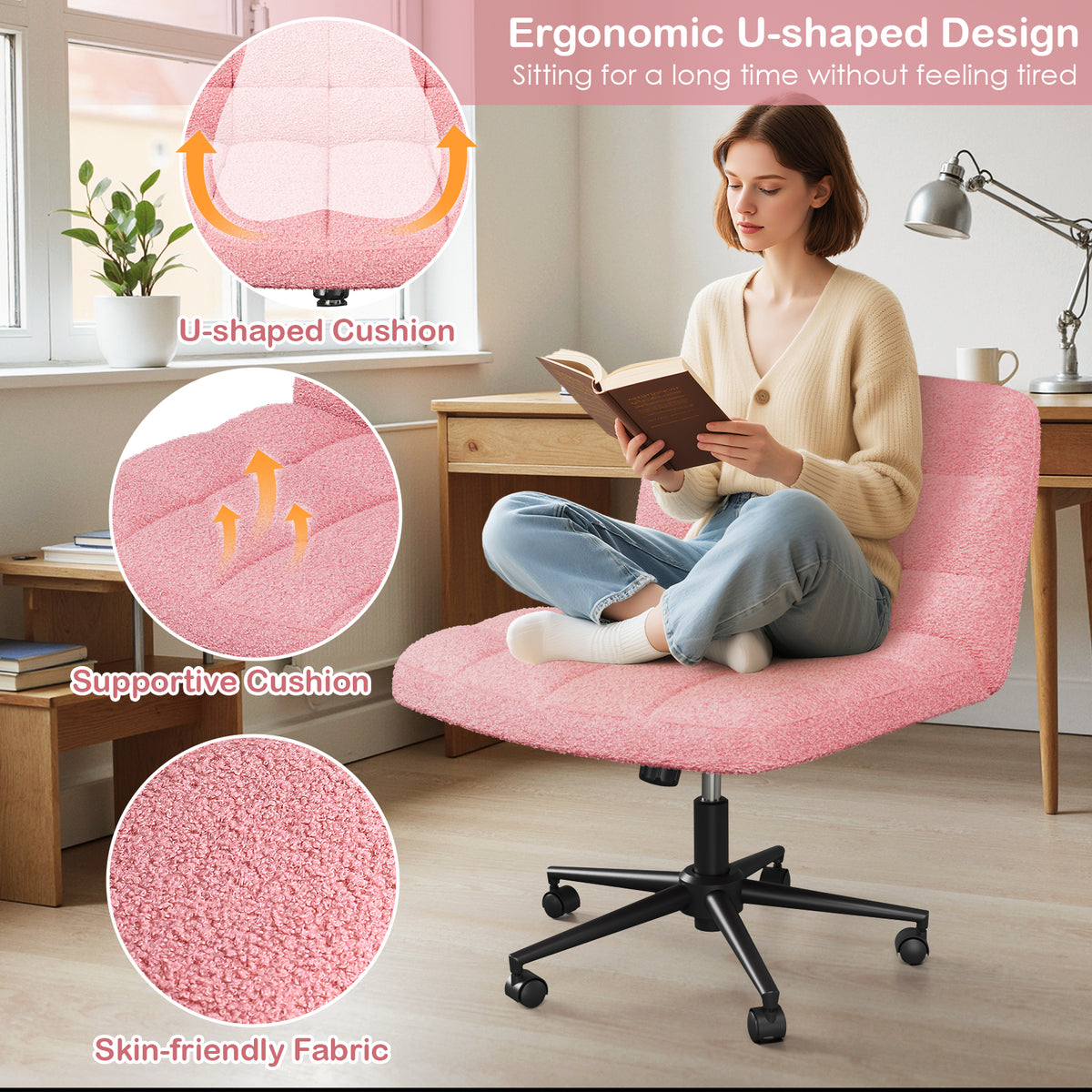 Arlopu Criss Cross Legged Chair with Wheels, Swivel Home Office Chair with Comfy Wide Cushion, Adjustable Height