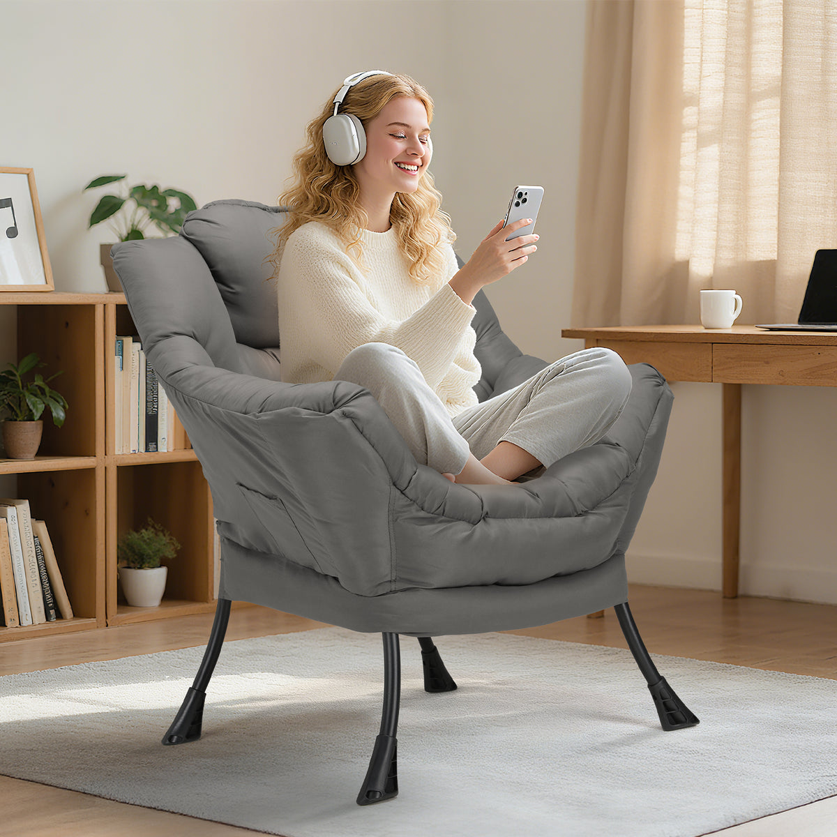 Arlopu Lazy Chair, Modern Lounge Reading Chair with Side Pocket, Upholstered Armchair for Living Room, Bedroom and Dorm