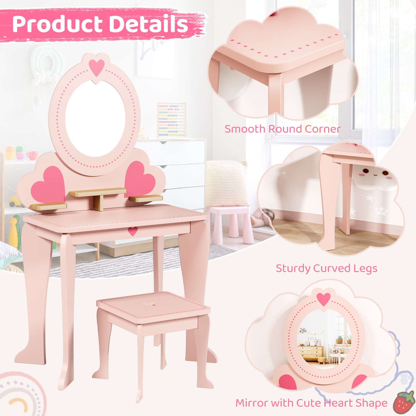 Arlopu 2-in-1 Kids Vanity Table and Chair Set with Mirror, Toddler Vanity Table Set with 8pcs Pretend Play Accessories, Convertible Makeup Desk Toy for Little Girls 3+