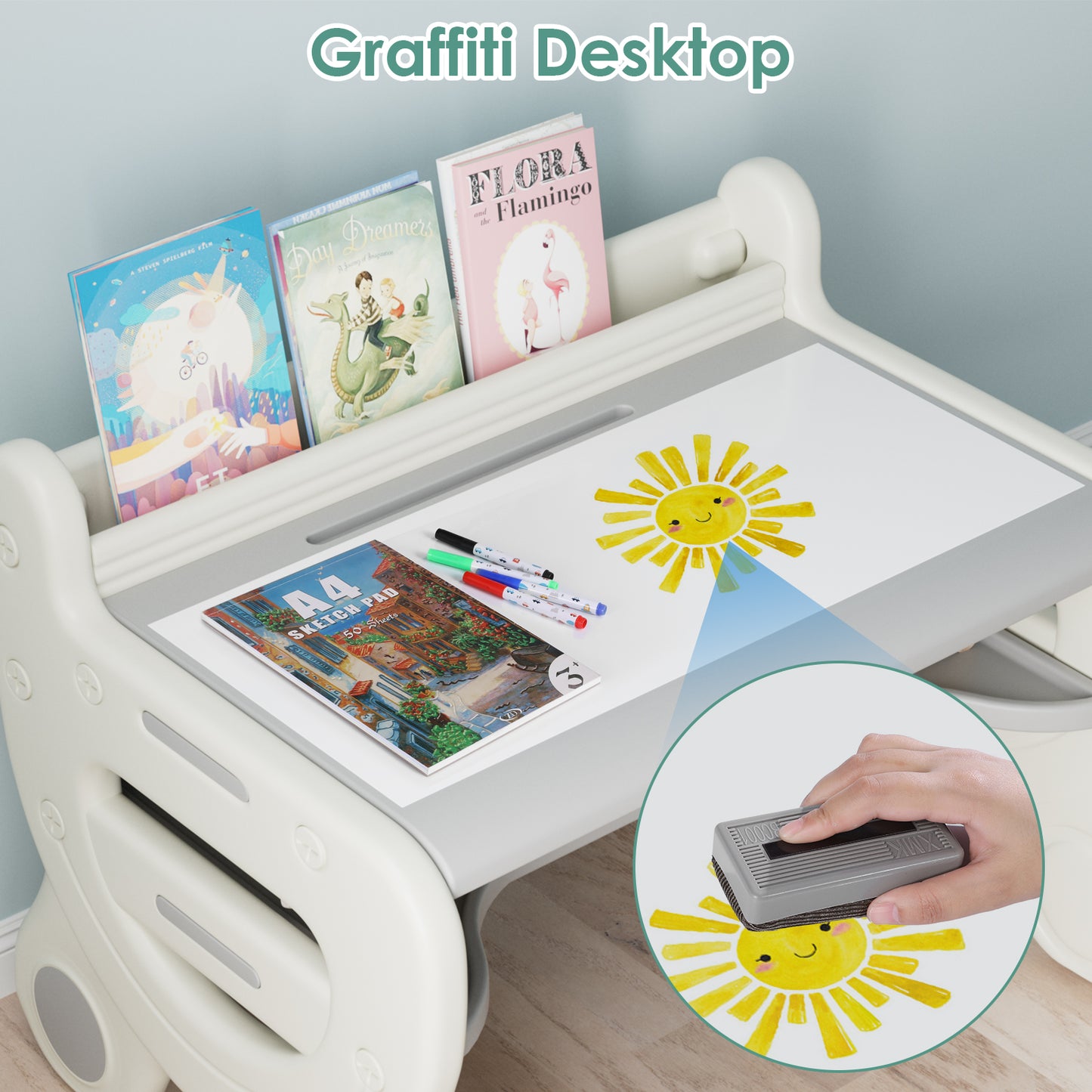 Arlopu Kids Drawing Table & Chair Set Toddlers Art Activity Graffiti Table with Watercolor Pens