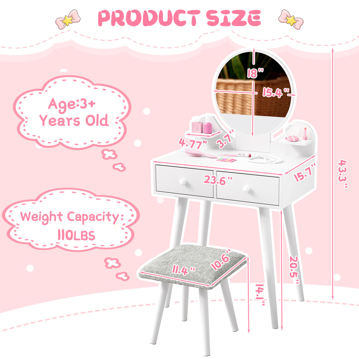 Arlopu Kids Vanity Table & Stool Set, 2-in-1 Princess Vanity Set with Mirror, Wooden Toddler Pretend Play Dressing Table with Detachable Top, Ideal Gift for Girls