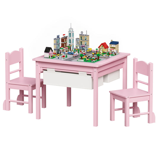 Arlopu Kids Activity Table and 2 Chairs Set, 4 in 1 uilding Block Play Table with Storage for Kids 3+, Pink