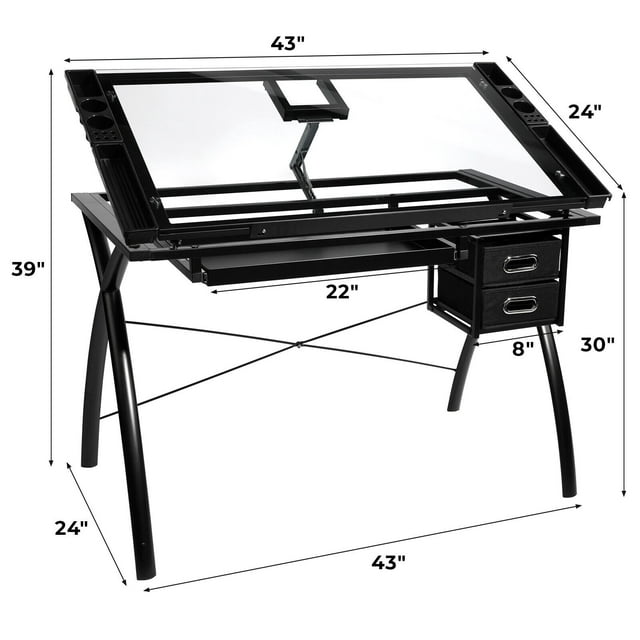 Arlopu Tempered Glass Adjustable Drafting Table with Storage Drawers, Steel Frame Drawing Table