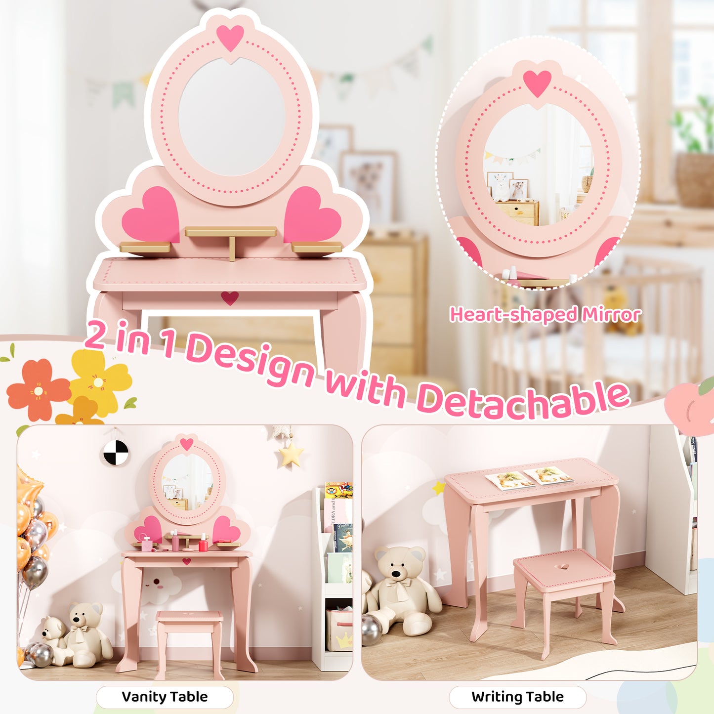 Arlopu 2-in-1 Kids Vanity Table and Chair Set with Mirror, Toddler Vanity Table Set with 8pcs Pretend Play Accessories, Convertible Makeup Desk Toy for Little Girls 3+