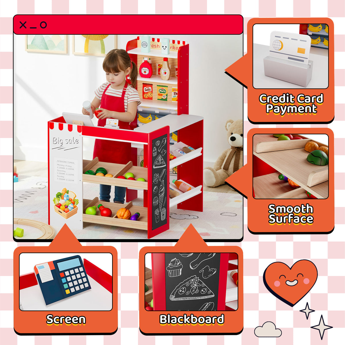 Arlopu Kids Pretend Play Grocery Store Wooden Supermarket Set with Chalkboard, Cash Register, Display Shelves & Play Food Accessories, Gift for Toddlers 3+