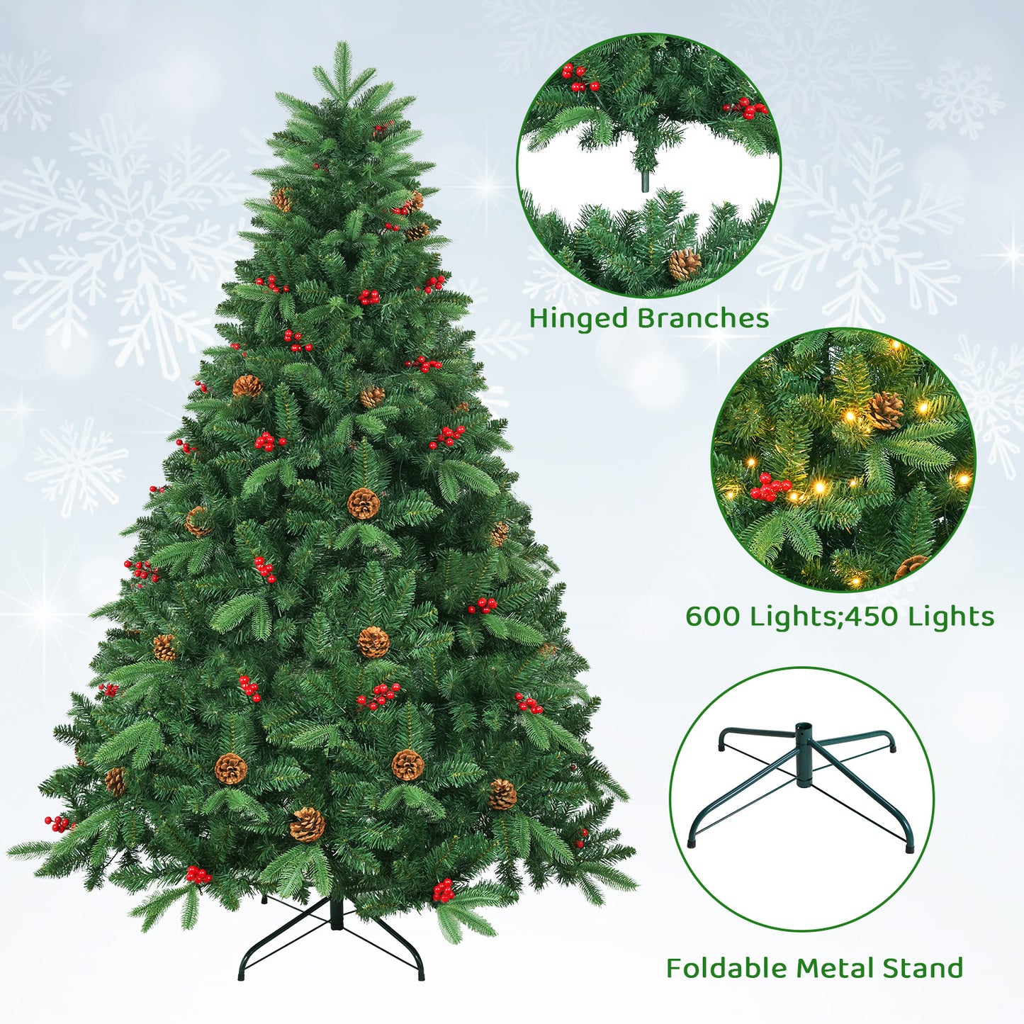 Arlopu 8/9ft Pre-lit Artificial Christmas Tree with Warm White Light, Hinged Xmas Tree with Pine Cones & Red Berries