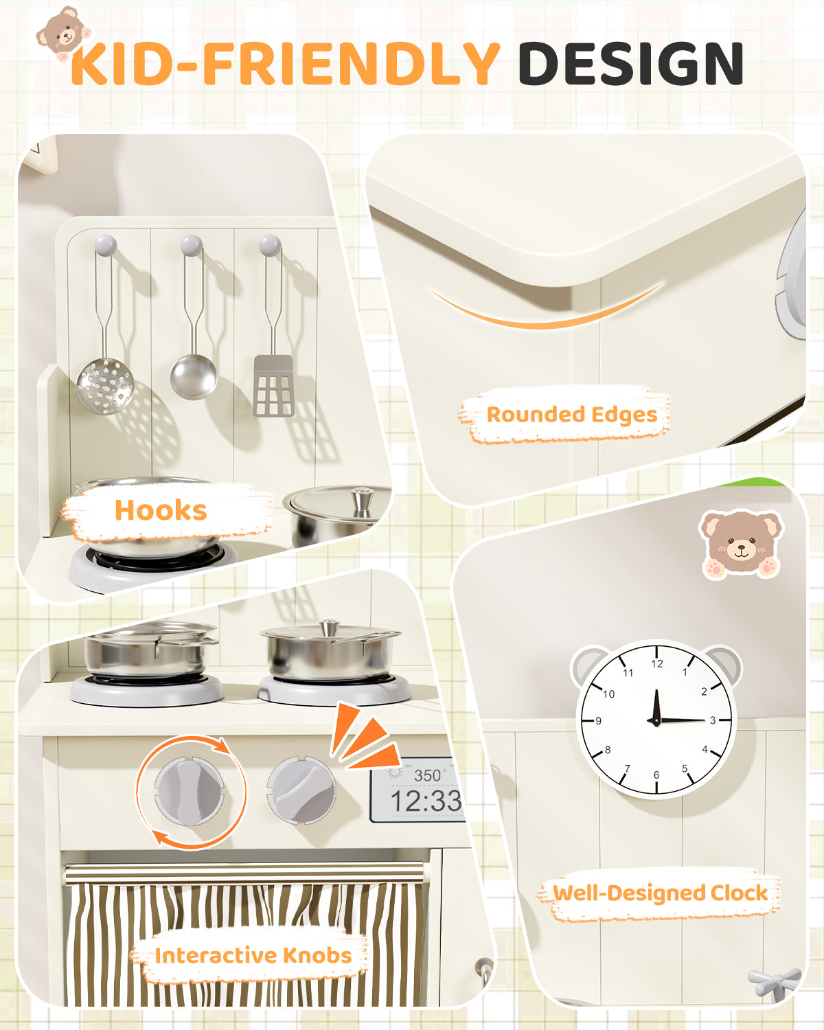 Arlopu Kids Pretend Play Kitchen Set, Wooden Kitchen Playset with Cookwares for Boys & Girls