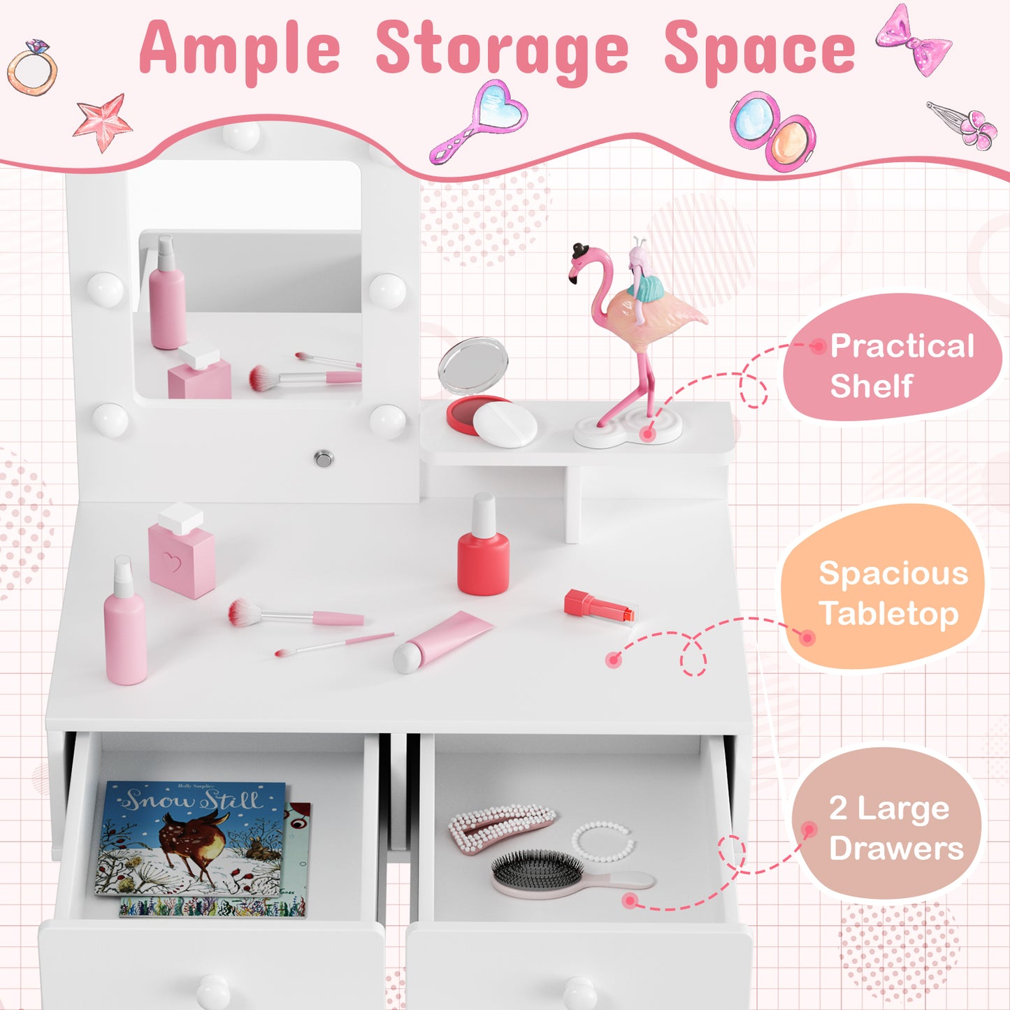 Arlopu Kids Vanity Table and Chair Set, Wooden Makeup Playset with Mirror & Lights, Ideal Princess Gift for Girls