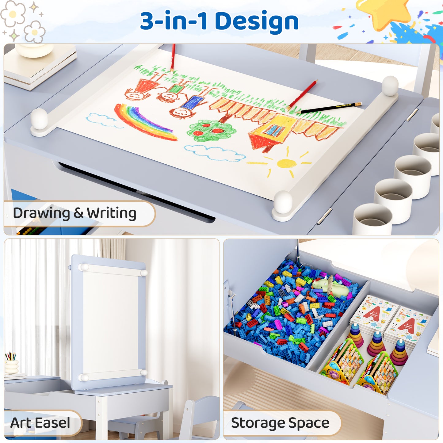 Arlopu 3 in 1 Activity Craft Table Set Kids Wooden Drawing Table Set with Art Easel Adjustable Tilt, 6 Storage Bins, 6 Paint Cup
