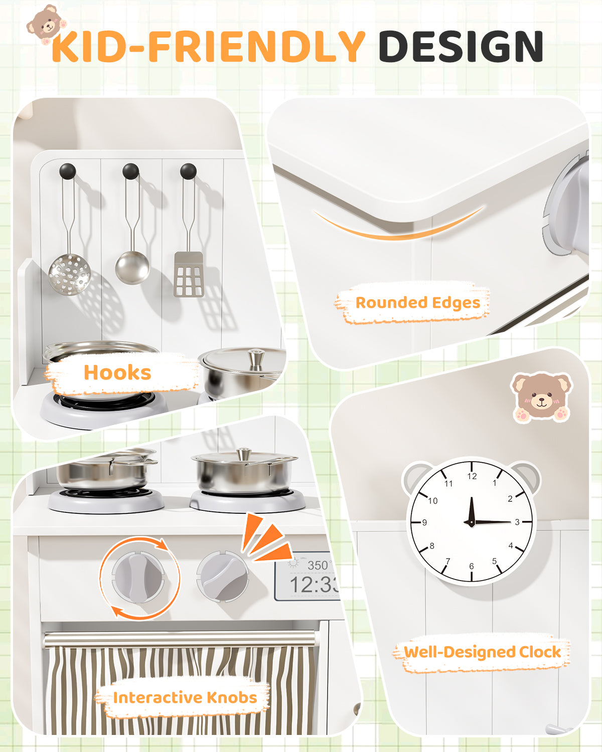 Arlopu Kids Pretend Play Kitchen Set, Wooden Kitchen Playset with Cookwares for Boys & Girls