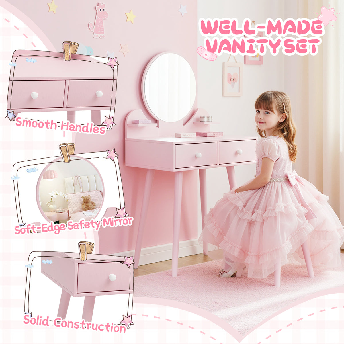 Arlopu Kids Vanity Table & Stool Set, 2-in-1 Princess Vanity Set with Mirror, Wooden Toddler Pretend Play Dressing Table with Detachable Top, Ideal Gift for Girls