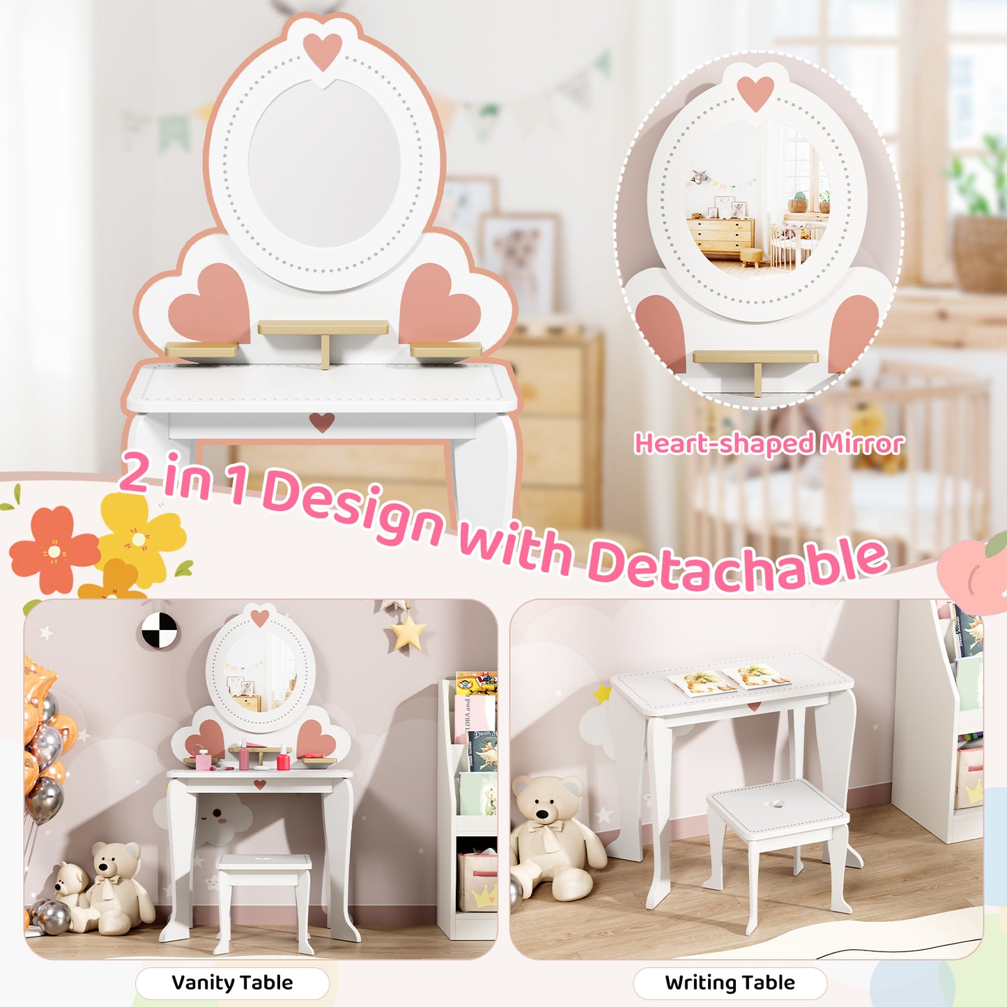 Arlopu 2-in-1 Kids Vanity Table and Chair Set with Mirror, Toddler Vanity Table Set with 8pcs Pretend Play Accessories, Convertible Makeup Desk Toy for Little Girls 3+
