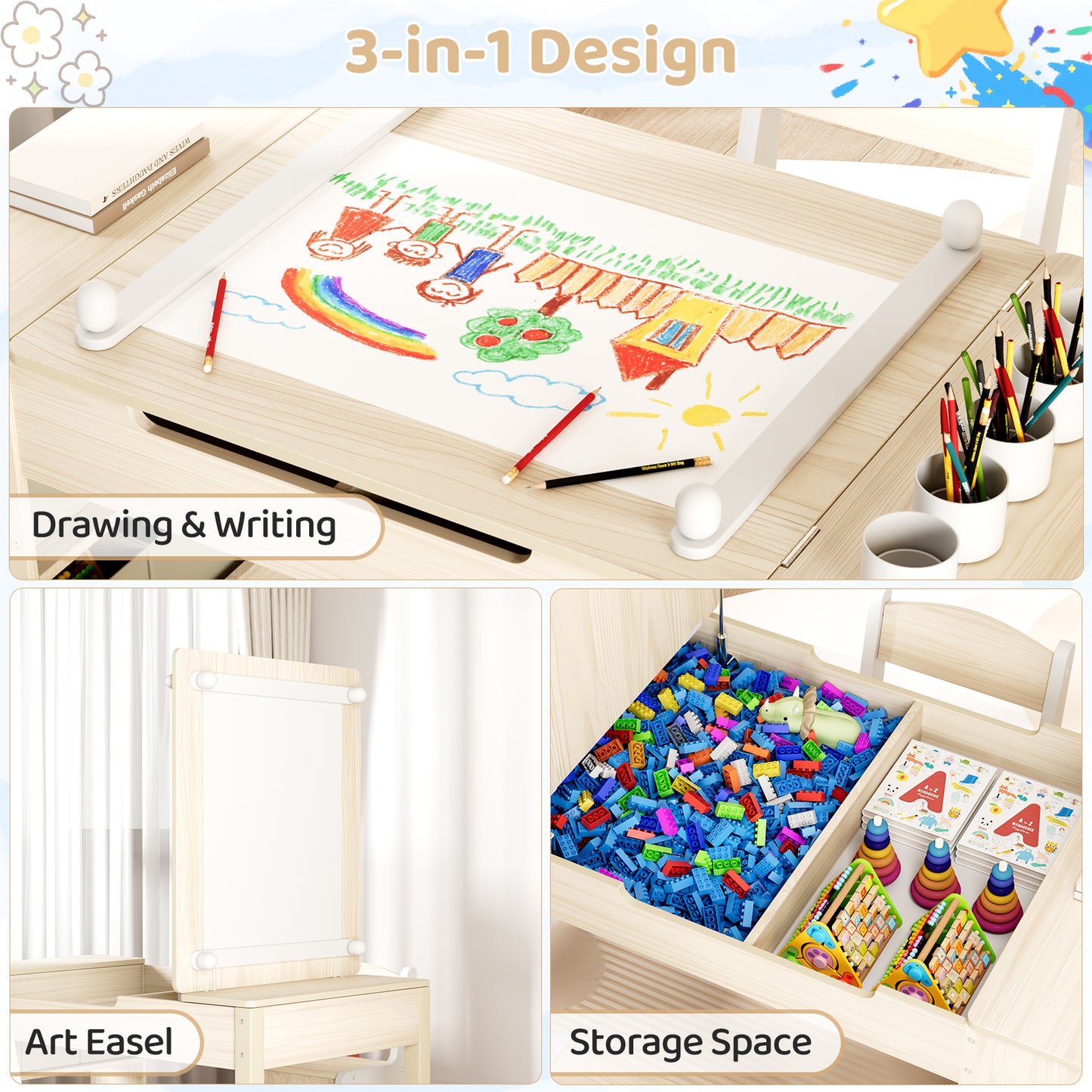 Arlopu 3 in 1 Activity Craft Table Set Kids Wooden Drawing Table Set with Art Easel Adjustable Tilt, 6 Storage Bins, 6 Paint Cup