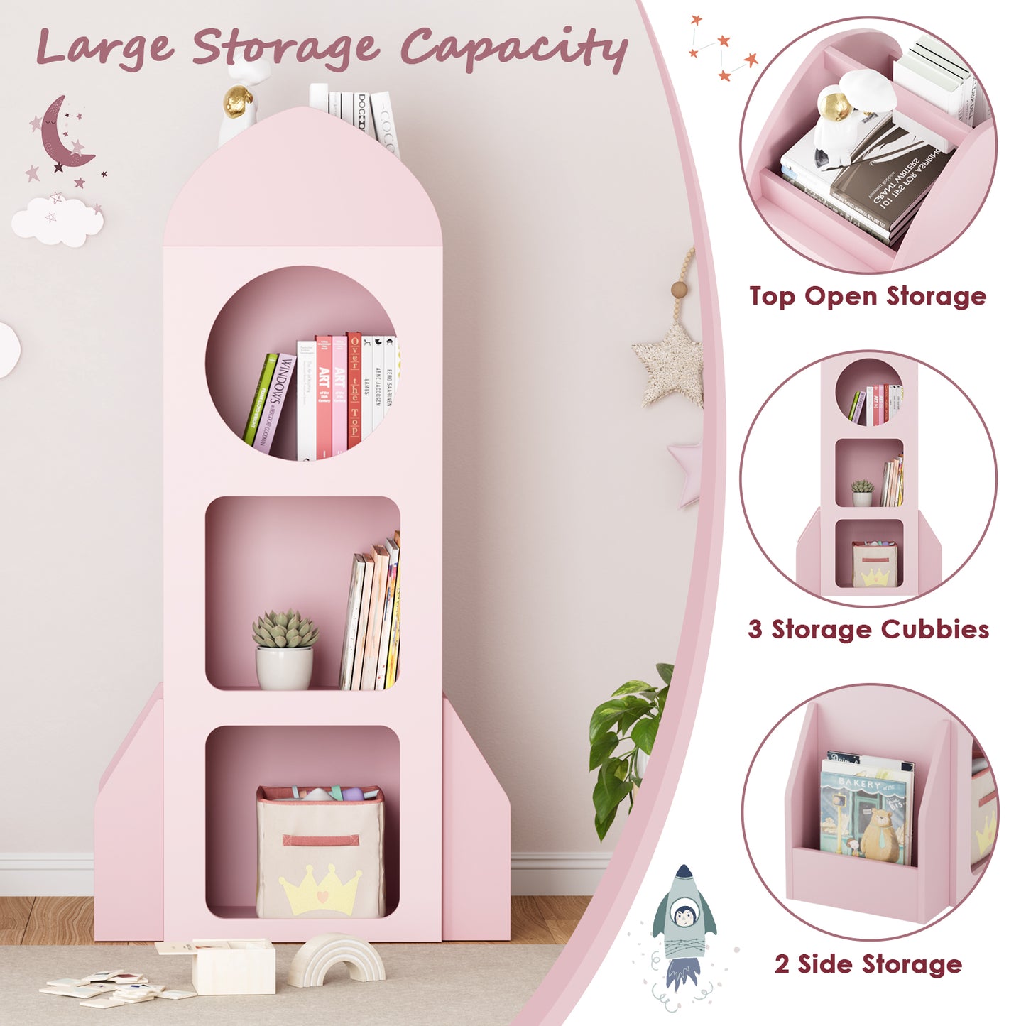 Arlopu Kids Bookshelf, 3-Tier Book Shelf Toy Organizer with Side shelves for Bedroom/Playroom/Nursery