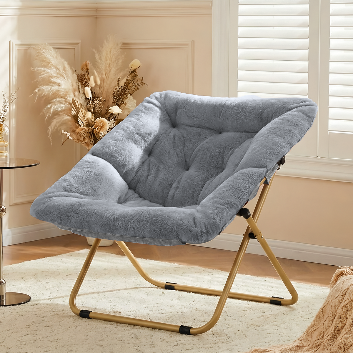 Arlopu Folding Saucer Chair, Soft Faux Fur Lounge Chair with Side Pocket for Bedroom Reading Room Dorm, Pink