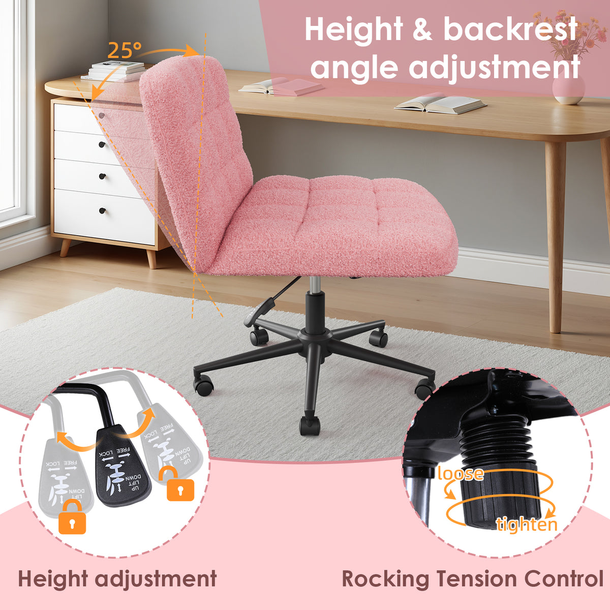 Arlopu Criss Cross Legged Chair with Wheels, Swivel Home Office Chair with Comfy Wide Cushion, Adjustable Height