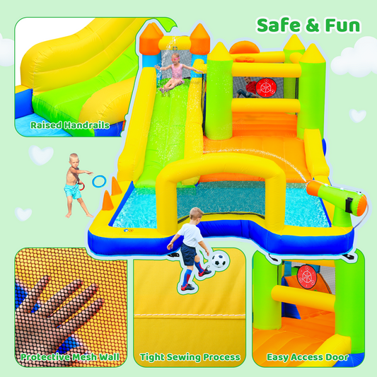 Arlopu Inflatable Bounce Houses for Kids with Splash Pool & Water Blaster & Basketball & Climbing Wall & Dual Pools & Soccer Goal & Air Blower