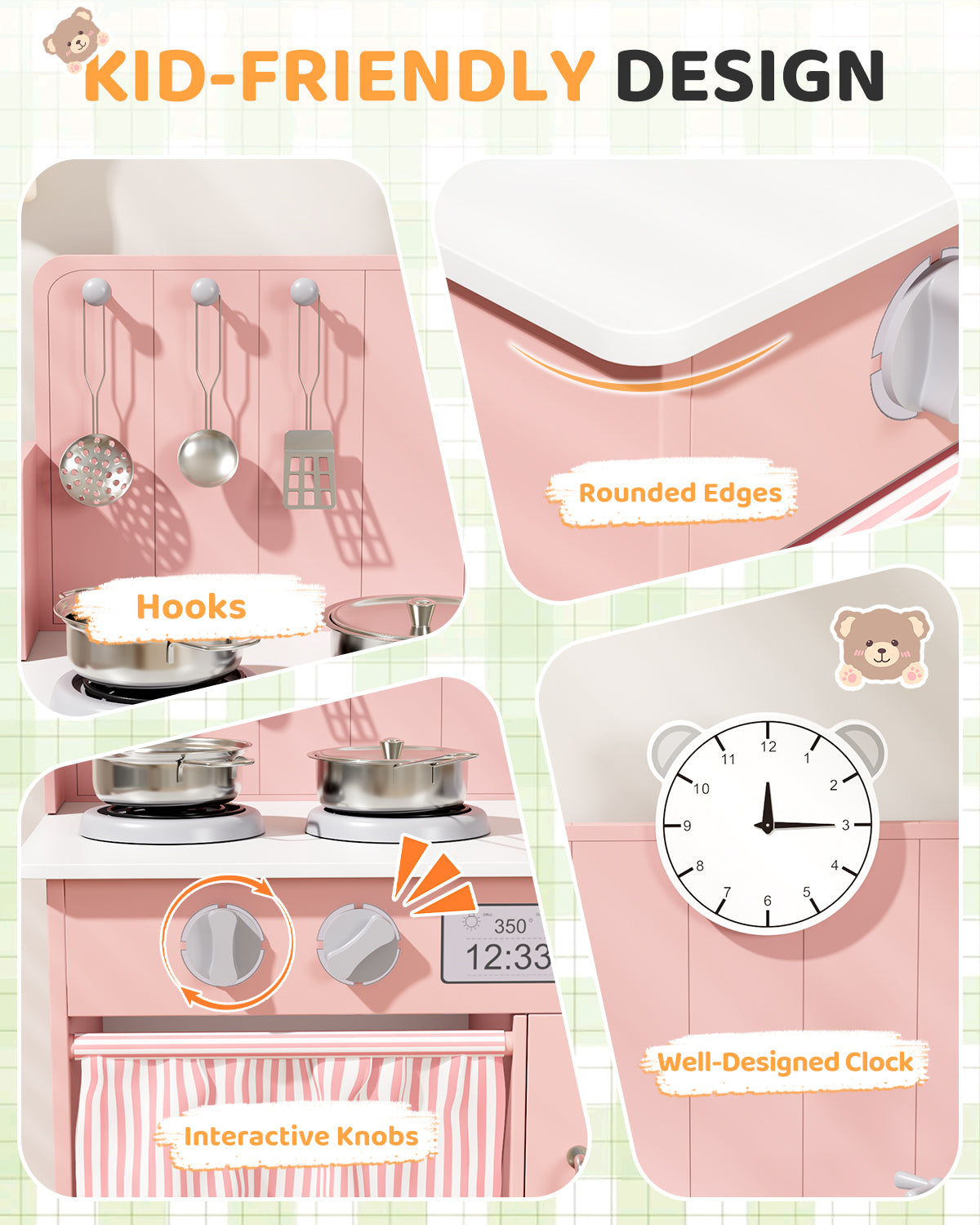 Arlopu Kids Pretend Play Kitchen Set, Wooden Kitchen Playset with Cookwares for Boys & Girls
