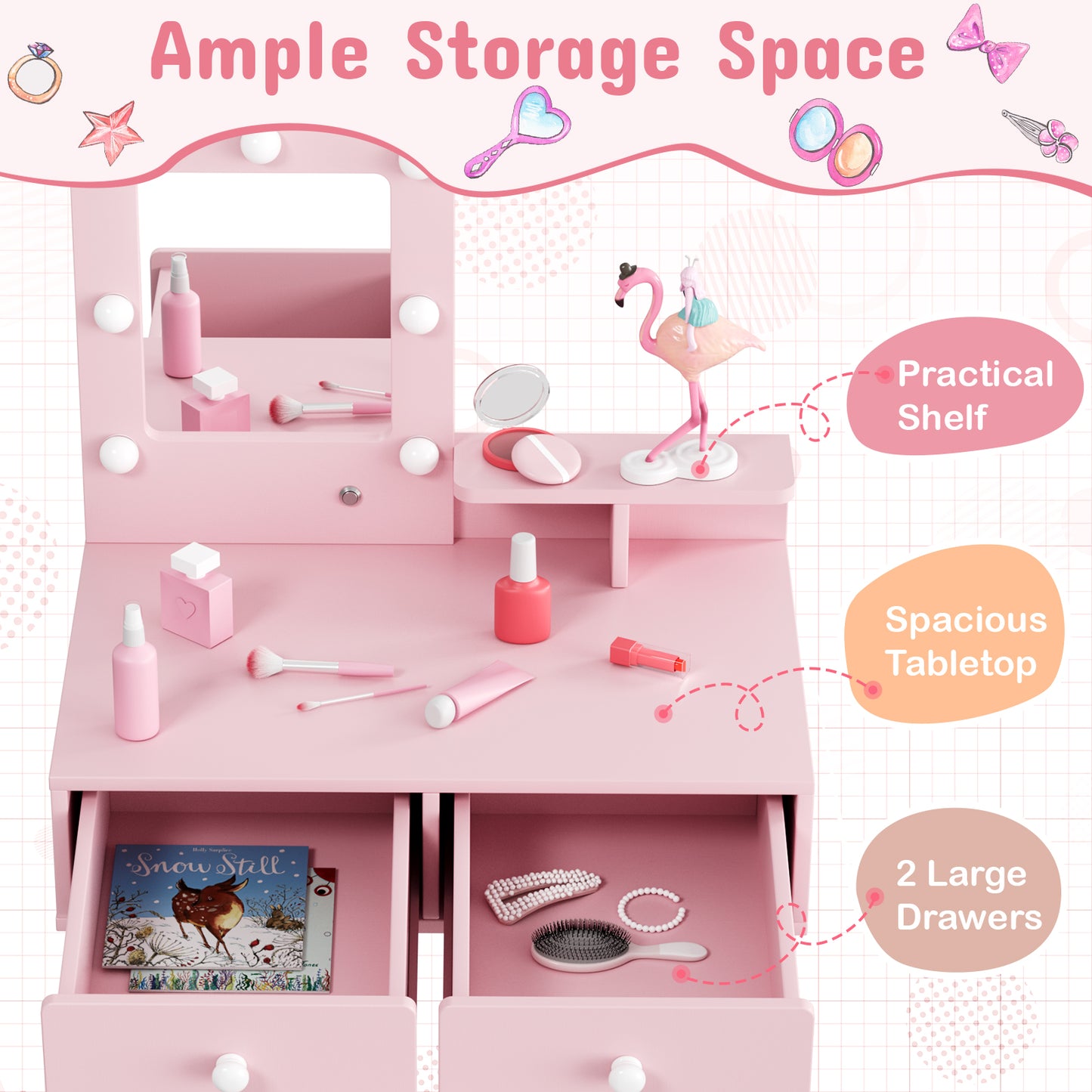 Arlopu Kids Vanity Table and Chair Set, Wooden Makeup Playset with Mirror & Lights, Ideal Princess Gift for Girls