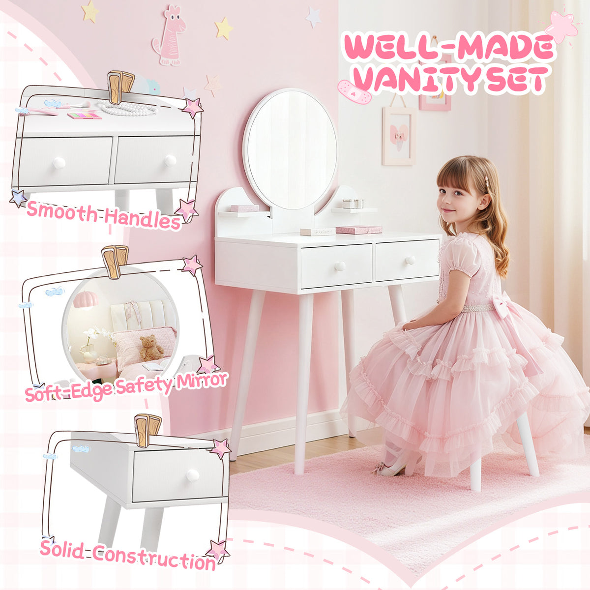 Arlopu Kids Vanity Table & Stool Set, 2-in-1 Princess Vanity Set with Mirror, Wooden Toddler Pretend Play Dressing Table with Detachable Top, Ideal Gift for Girls
