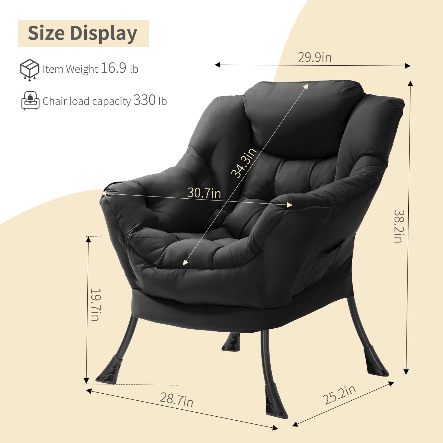 Arlopu Lazy Chair, Modern Lounge Reading Chair with Side Pocket, Upholstered Armchair for Living Room, Bedroom and Dorm