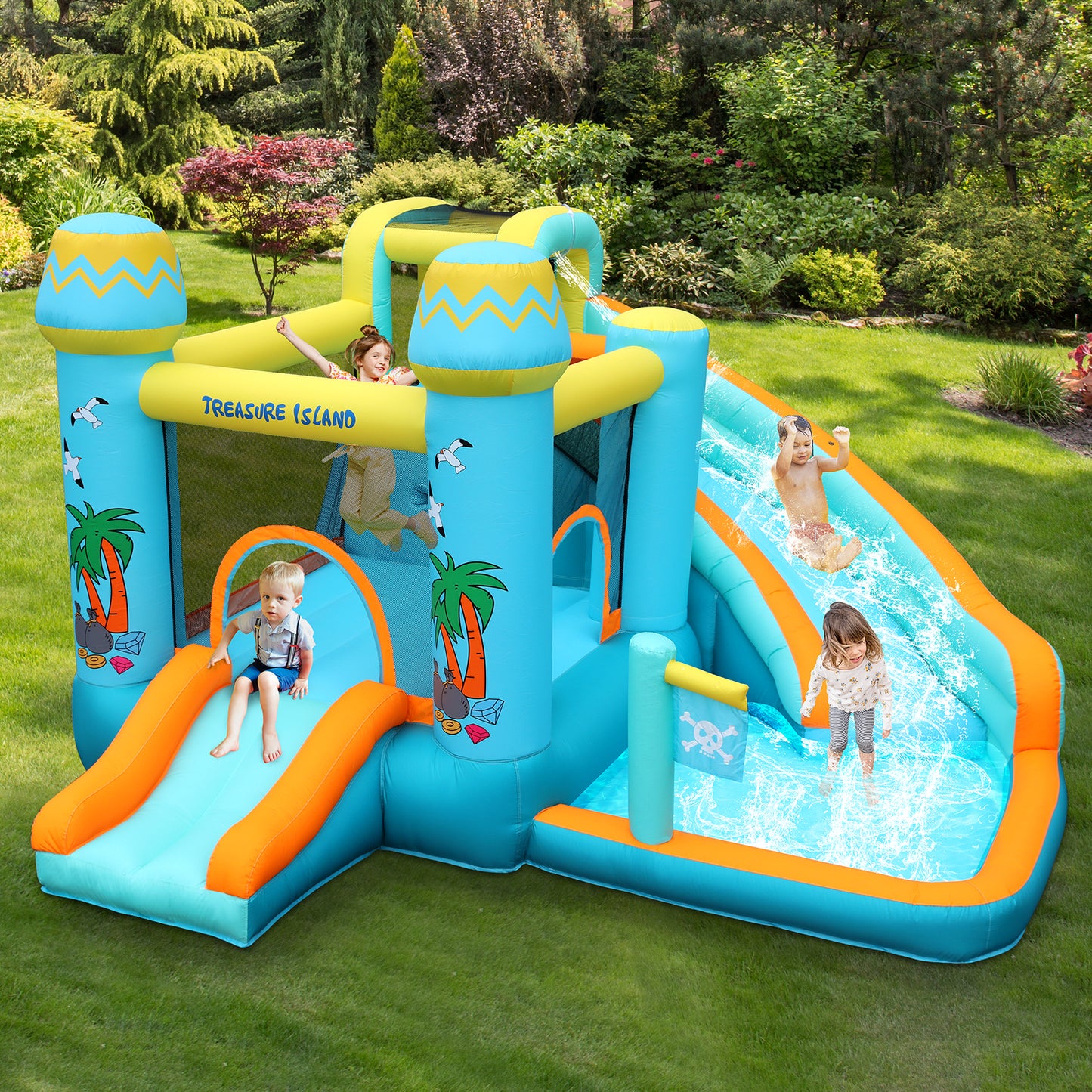 Arlopu Inflatable Bounce House for Kids with Blower, Children's Castle Bounce House with Water Slide, Bouncing Area & Splash Pool for Indoor Outdoor Use