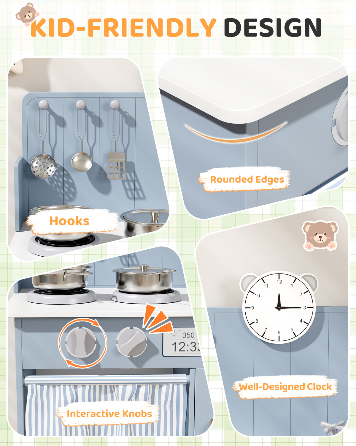 Arlopu Kids Pretend Play Kitchen Set, Wooden Kitchen Playset with Cookwares for Boys & Girls