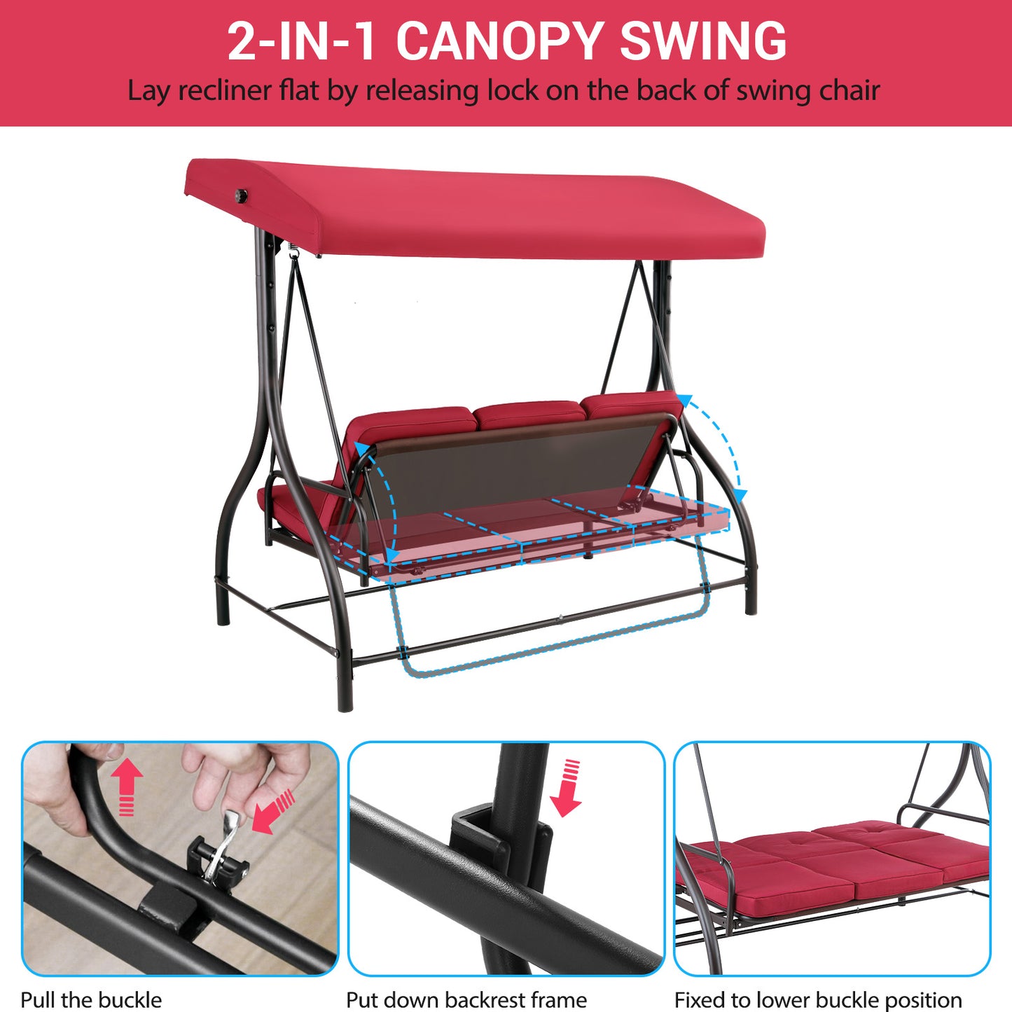 Arlopu Outdoor 3-Seat Patio Swing, Porch Swings, Backrest Bench Swing Sets, Glider Swing Bed Chair