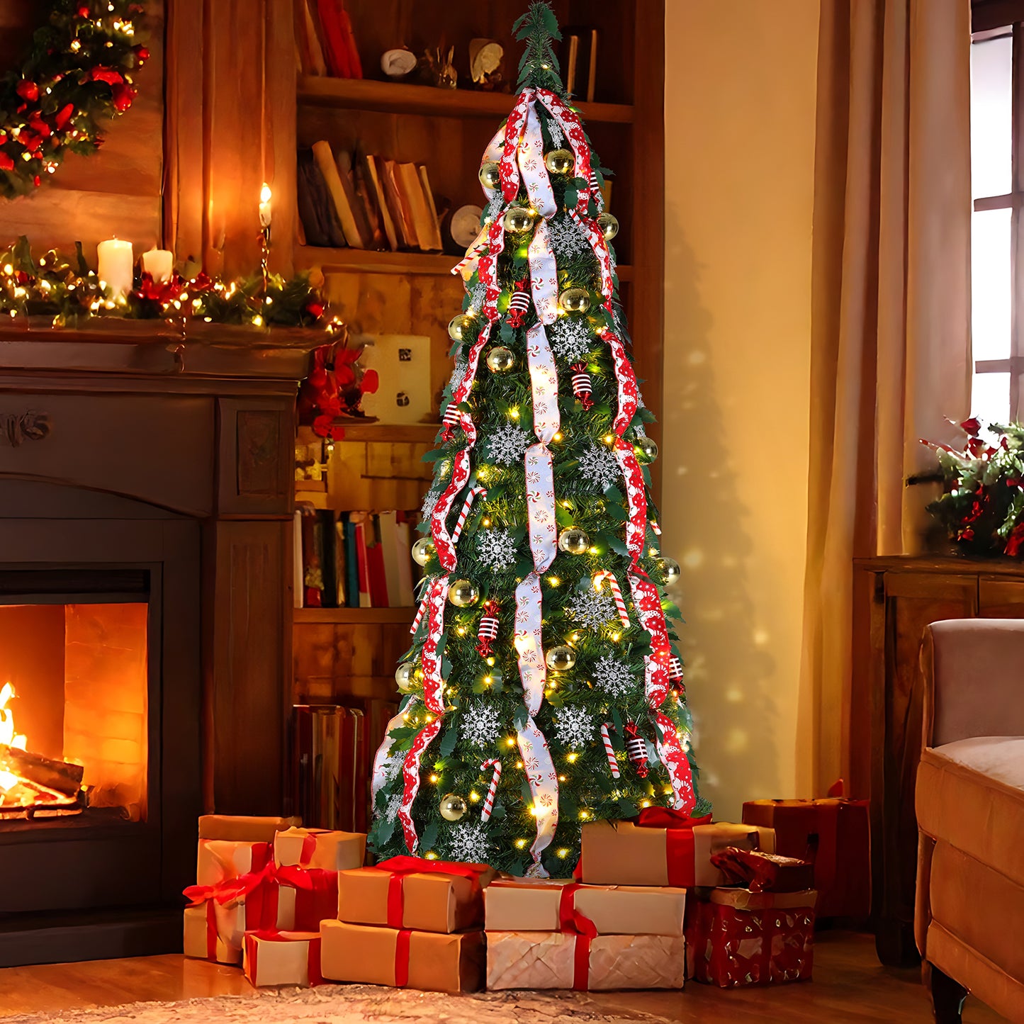 Arlopu 4FT Artificial Christmas Tree, Pre Lit Decorated w/ 100 Warm White & Colored Lights, Glitter Balls, Candy Balls, Snowflakes, Ribbon, Candy Canes