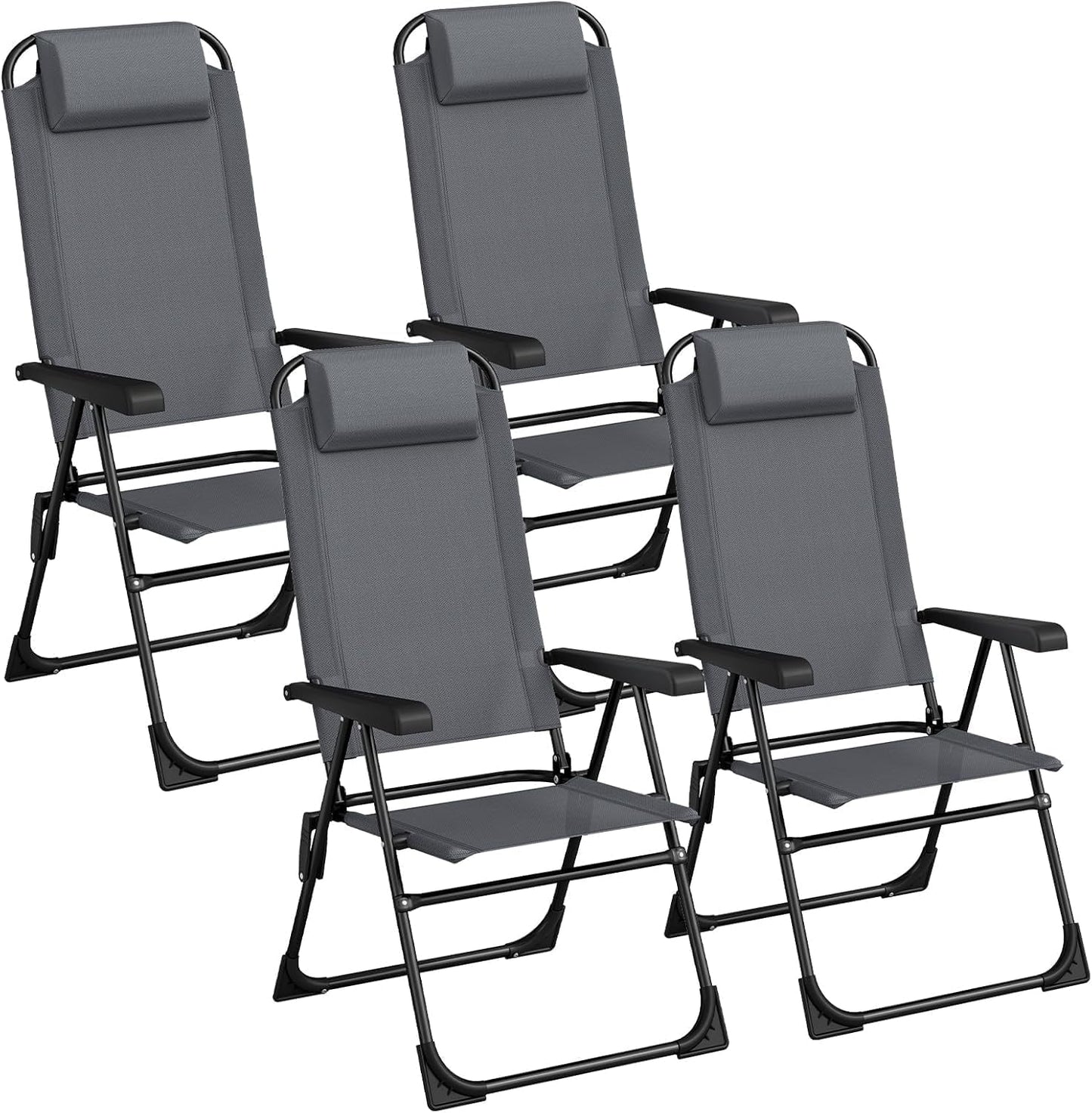 Arlopu 2pcs Patio Folding Chairs, Outdoor Lawn Chair w/ 5 Level Adjustable Teslin Back, Removable Headrest, Ergonomic Armrest, Foot Pad