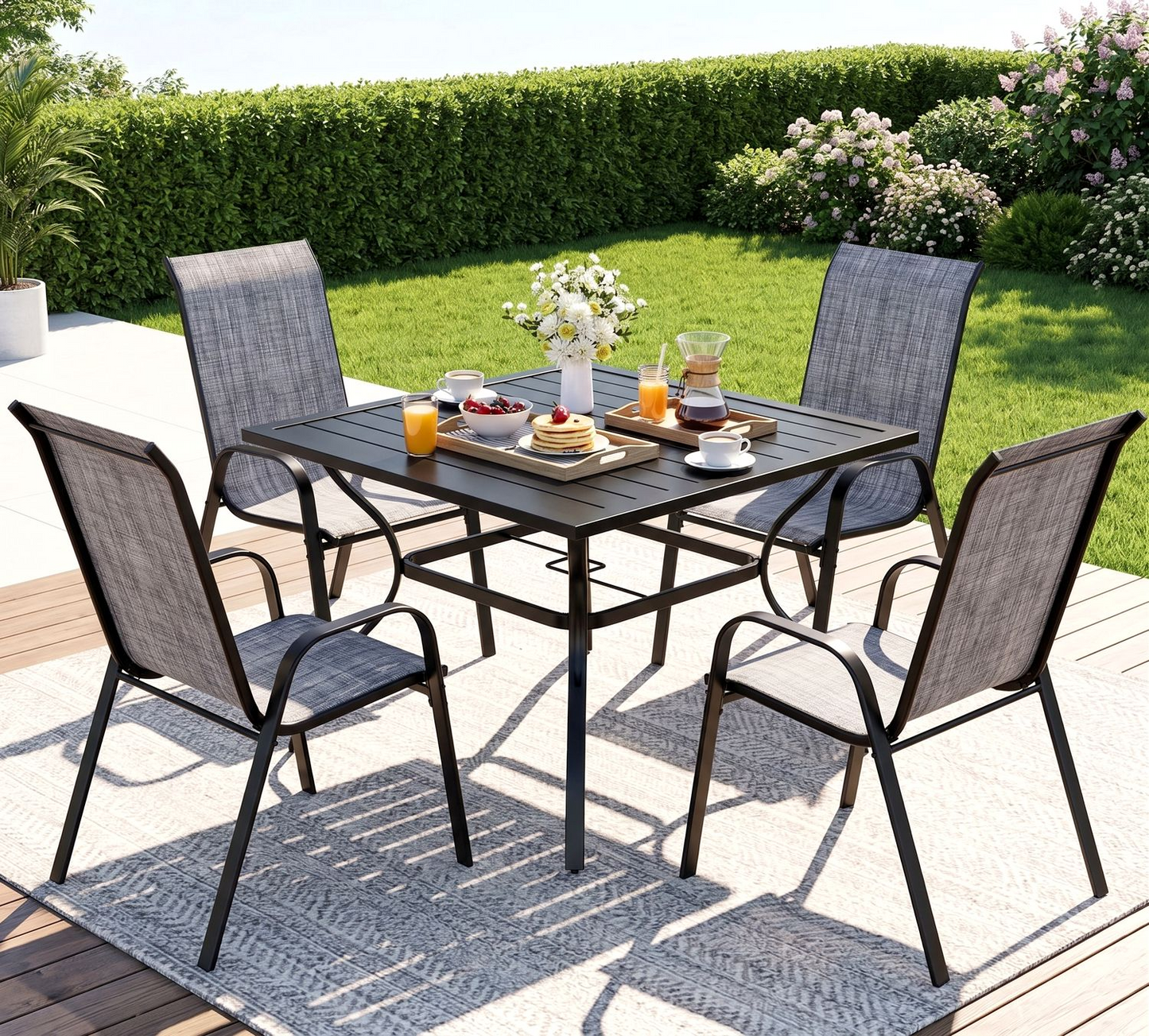 Arlopu 5pcs Patio Dining Set, Outdoor Square Metal Table and 4 Stackable Textilene Chairs, Patio Furniture Set w/ Adjustable Umbrella Hole & Foot Pads for All Weather