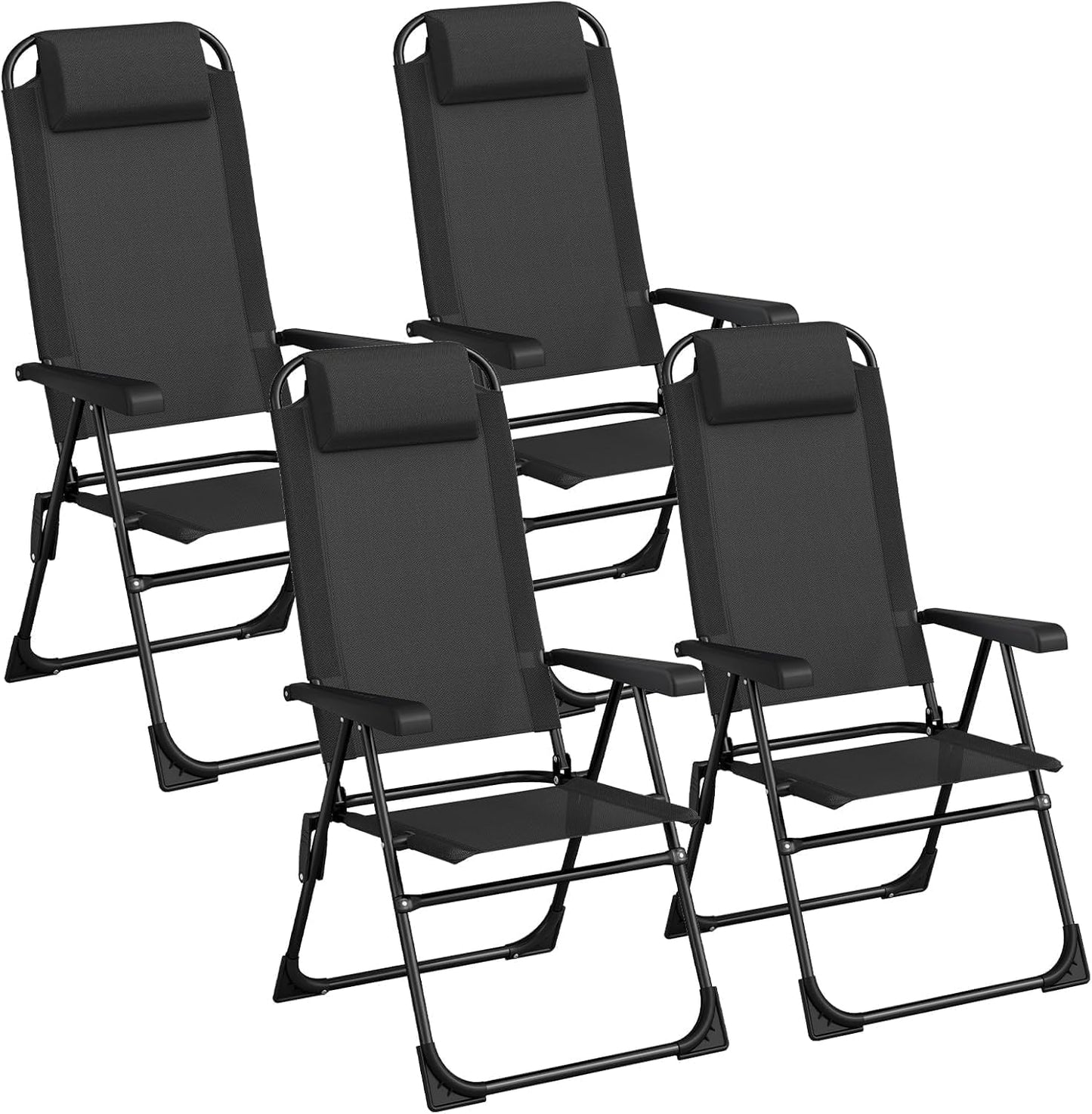 Arlopu 2pcs Patio Folding Chairs, Outdoor Lawn Chair w/ 5 Level Adjustable Teslin Back, Removable Headrest, Ergonomic Armrest, Foot Pad