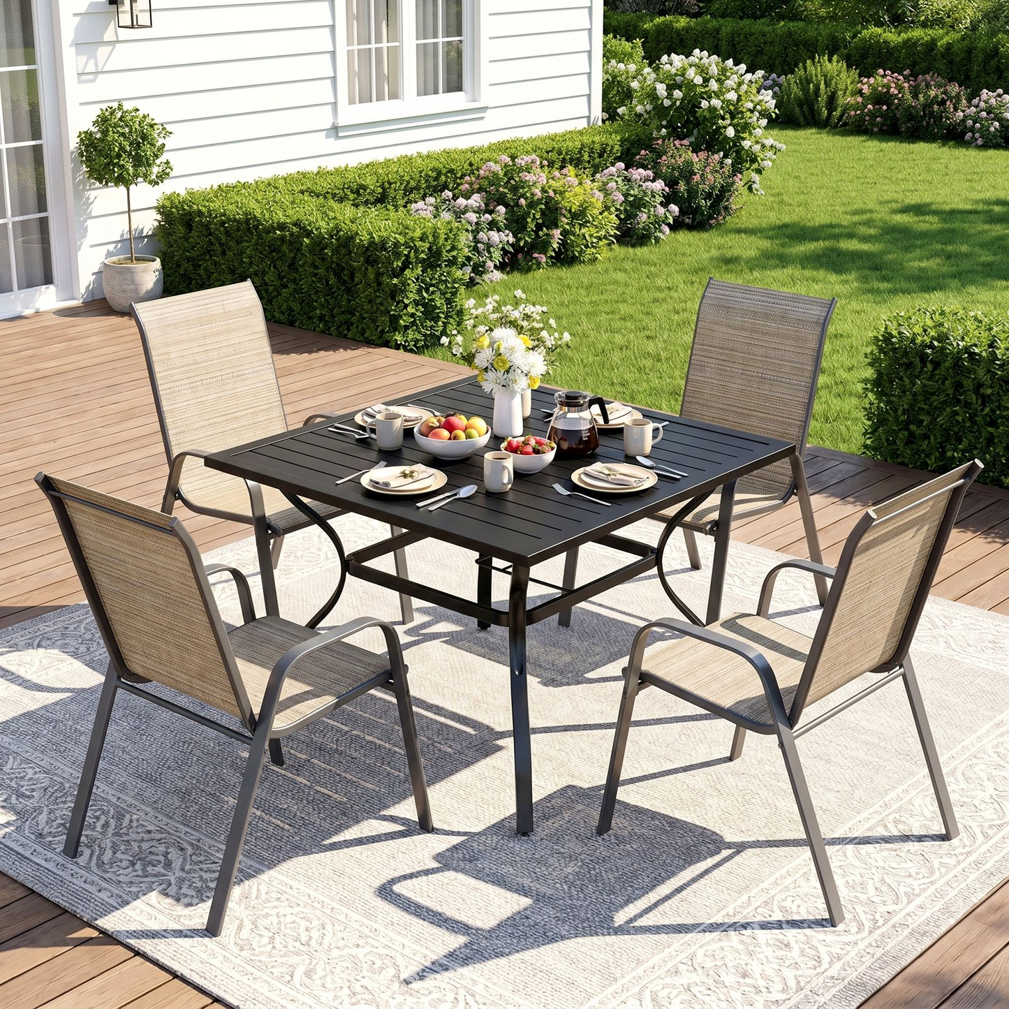Arlopu 5pcs Patio Dining Set, Outdoor Square Metal Table and 4 Stackable Textilene Chairs, Patio Furniture Set w/ Adjustable Umbrella Hole & Foot Pads for All Weather