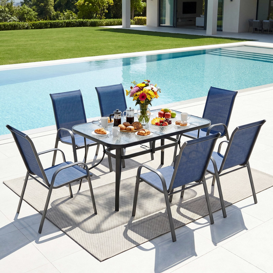 Arlopu Outdoor Patio Dining Set of 7, Rectangular Dining Table with Umbrella Hole and 6 Stackable Chairs for Lawn, Deck, Poolside, Backyard