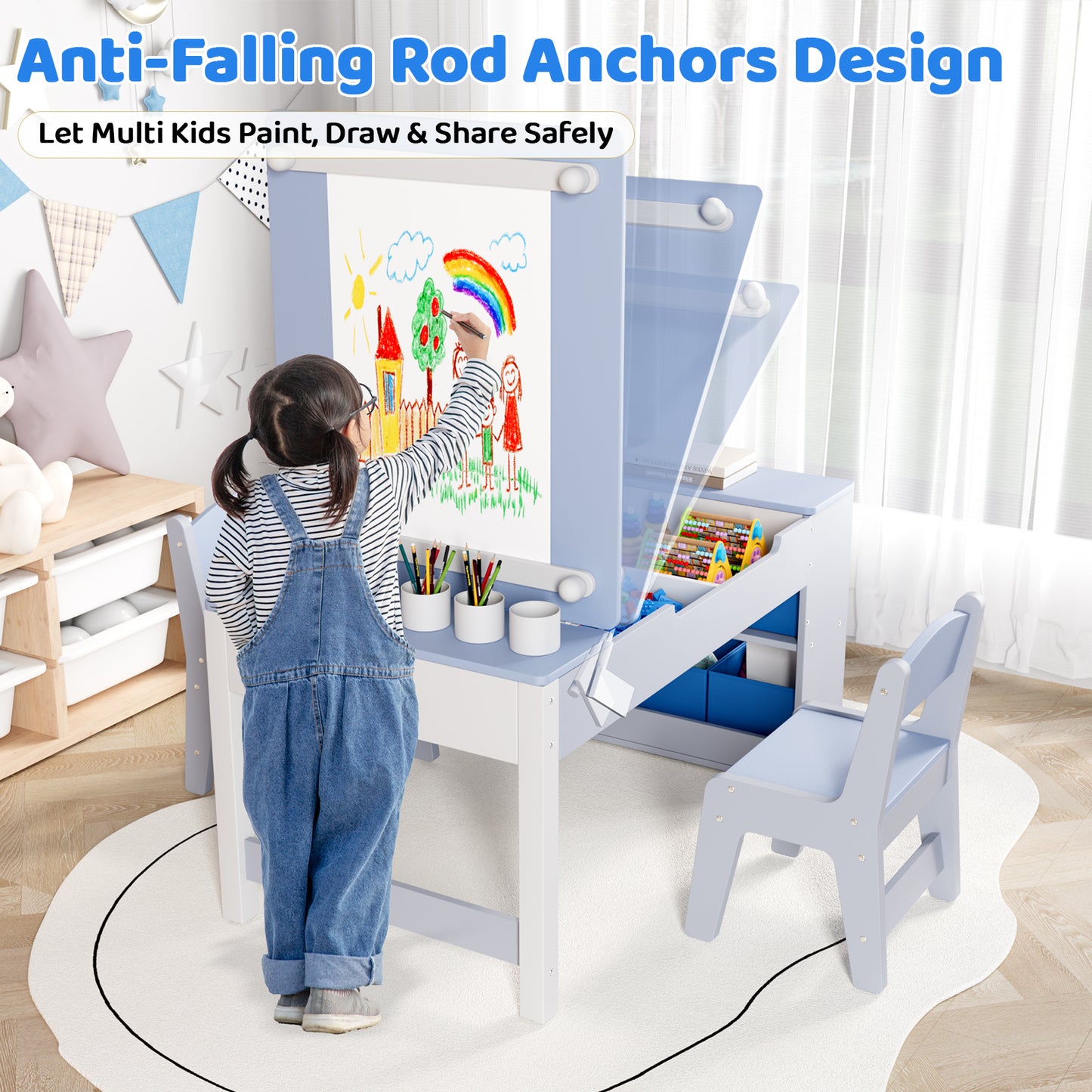 Arlopu 3 in 1 Activity Craft Table Set Kids Wooden Drawing Table Set with Art Easel Adjustable Tilt, 6 Storage Bins, 6 Paint Cup