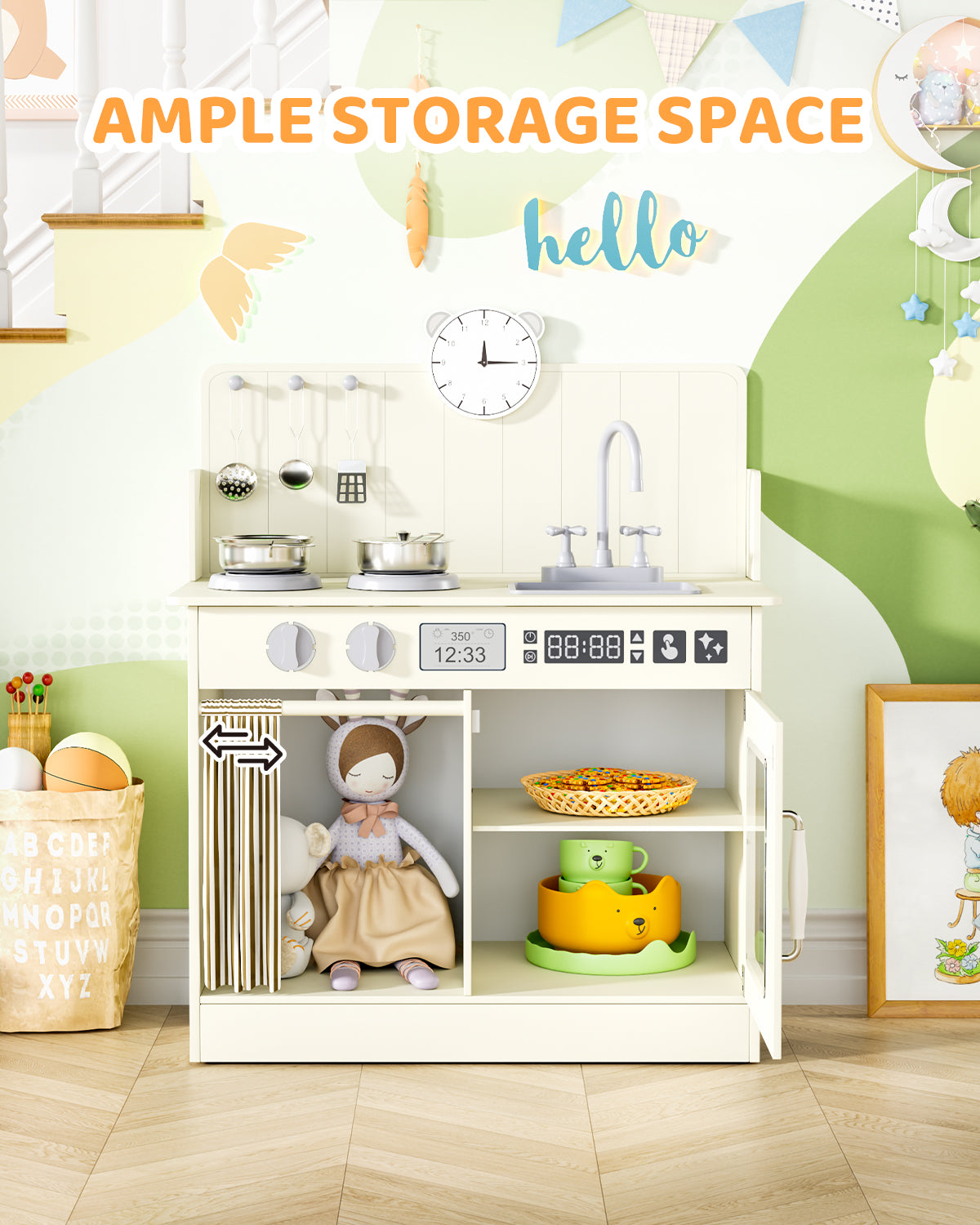 Arlopu Kids Pretend Play Kitchen Set, Wooden Kitchen Playset with Cookwares for Boys & Girls