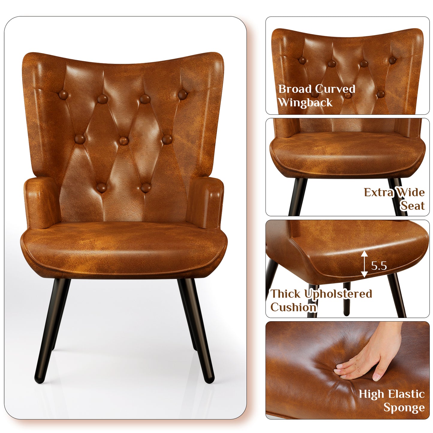 Arlopu 2pcs Accent Chairs, PU Leather Comfy Upholstered Armchair, High Backrest Living Room Chair, Wingback Chair Mid Century Modern for Living Room/Vanity/Bedroom, Brown