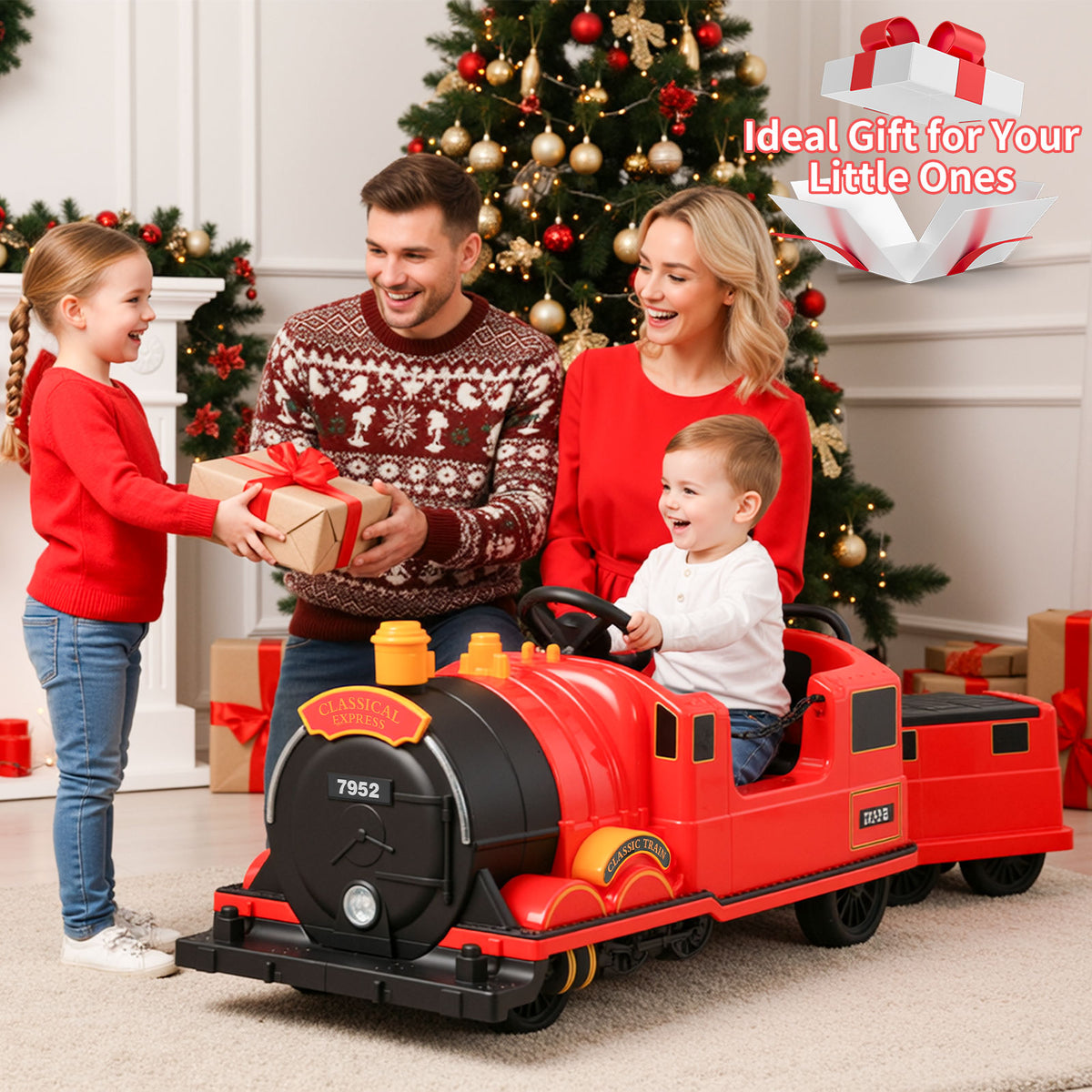 Arlopu Kids Ride on Train with Carriage Trackless, 12V Battery Powered Electric Train with LED Lights, Music & Storage for Toddler Age 2+, Red