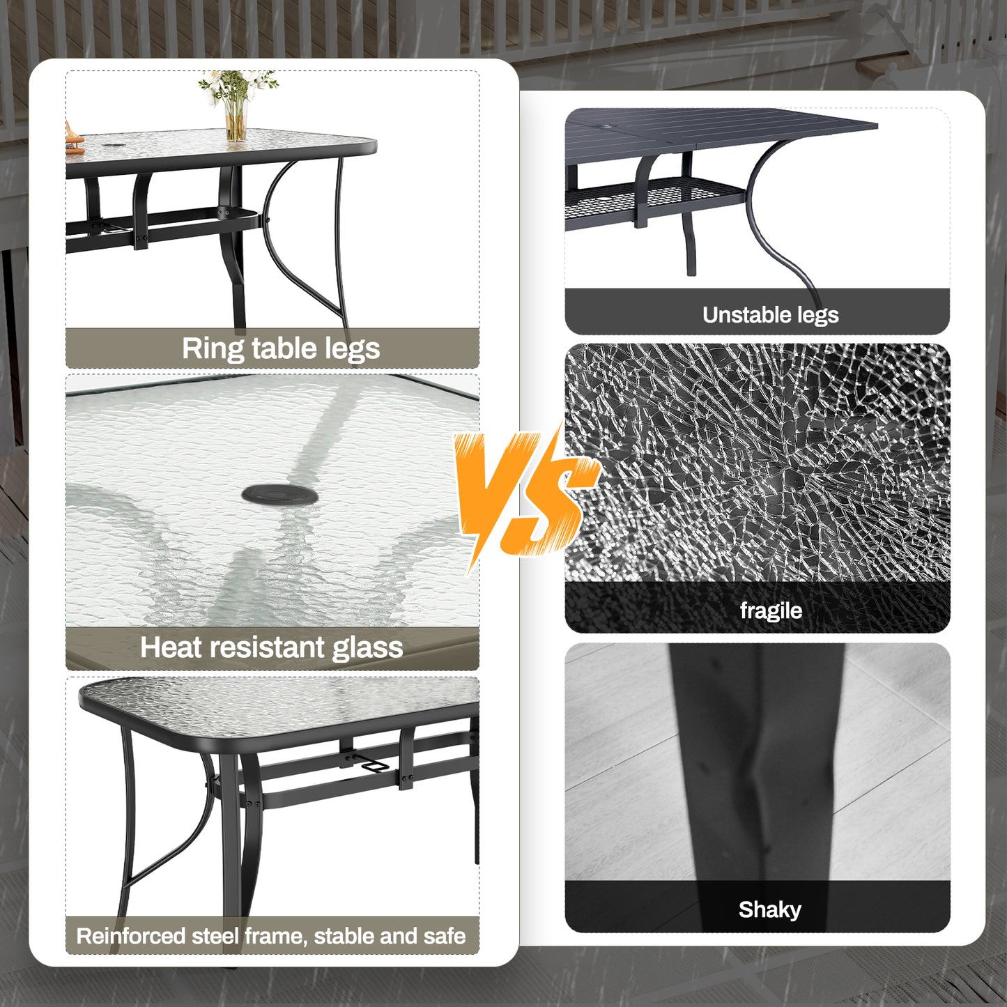 Arlopu Patio Rectangular Tempered Glass Dining Table, All-Weather Use, Outdoor Table for Garden & Backyard