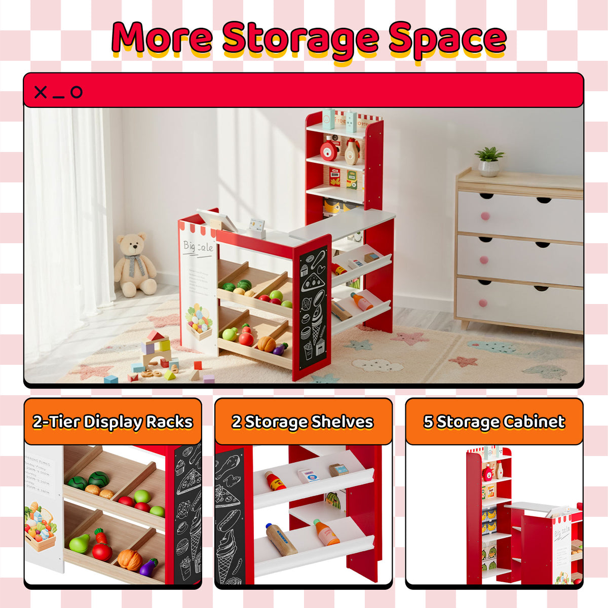 Arlopu Kids Pretend Play Grocery Store Wooden Supermarket Set with Chalkboard, Cash Register, Display Shelves & Play Food Accessories, Gift for Toddlers 3+